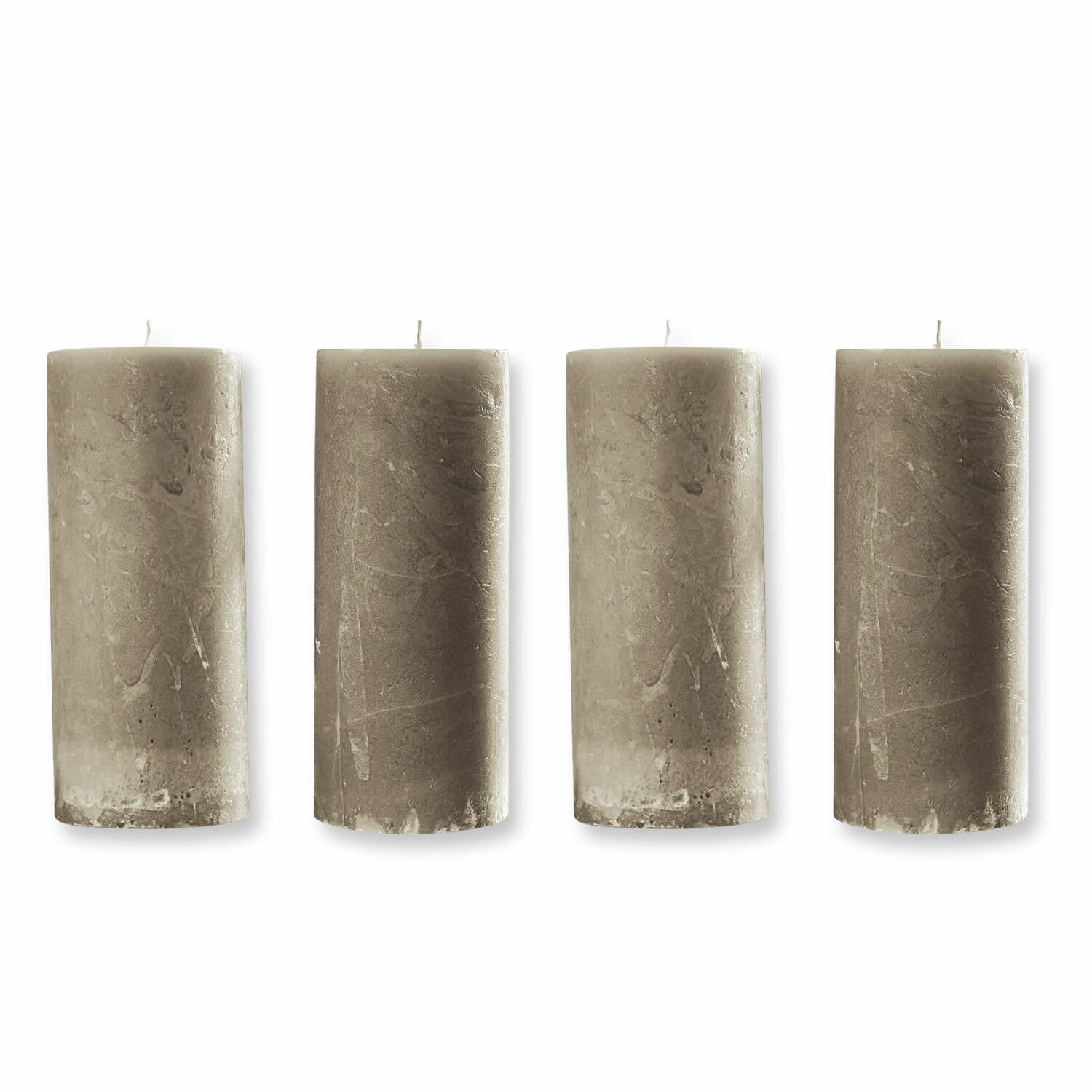 Lot de 4 bougies Homel Ensemble de quatre bougies cylindriques grises en cire naturelle pour décoration intérieure