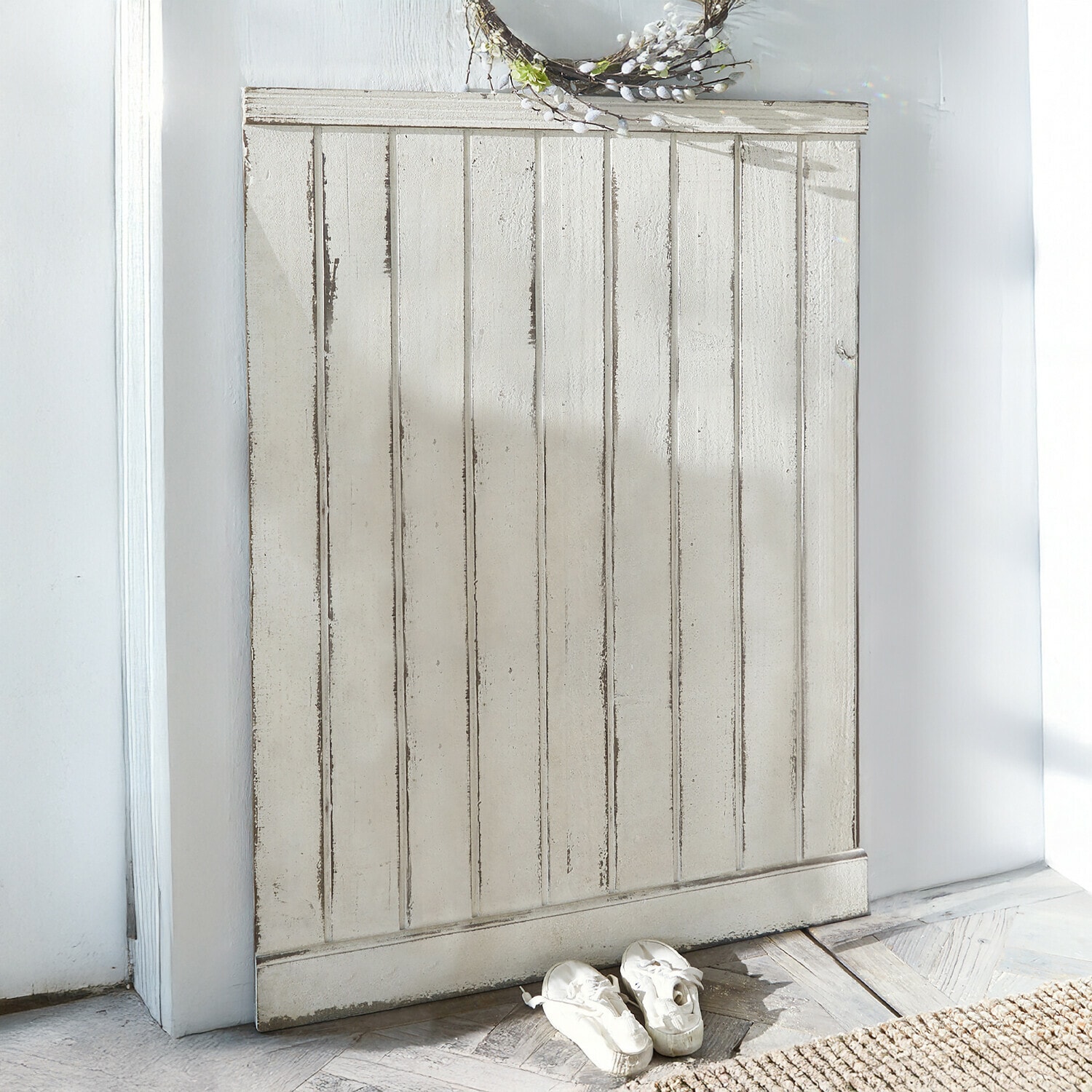 Panneau Lia Panneau décoratif en bois blanc vieilli avec effet patiné pour décoration intérieure vintage
