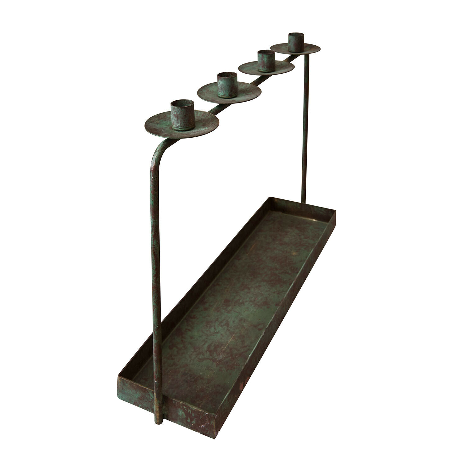 Bougeoir Valenzas Chandelier en métal vert vieilli avec cinq supports pour bougies et plateau rectangulaire