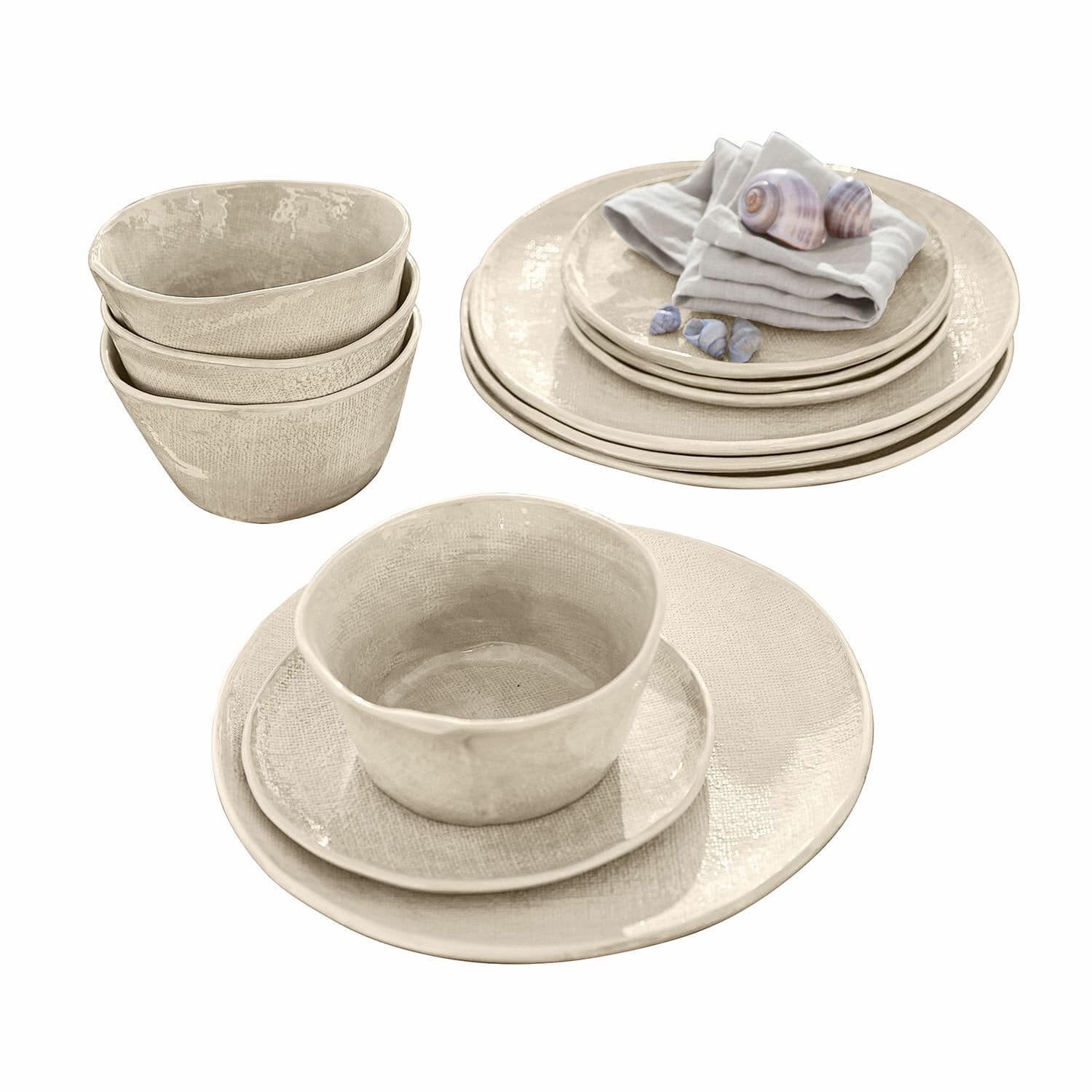 Servies set van 12 Luganville Beige keramiek servies set met borden en kommen met rustieke textuur voor de eettafel