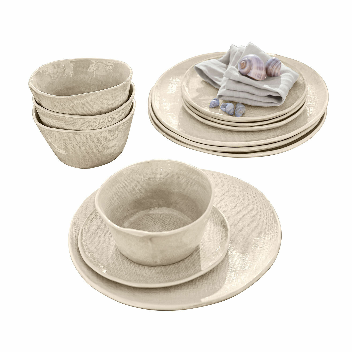 Service 12 pièces Luganville Ensemble de vaisselle en céramique beige avec assiettes et bols à texture rustique pour la table