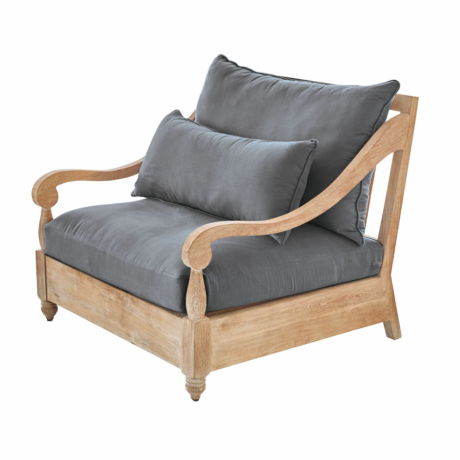 Fauteuil Montcassin Fauteuil en bois clair avec coussins gris en tissu, siège confortable pour salon
