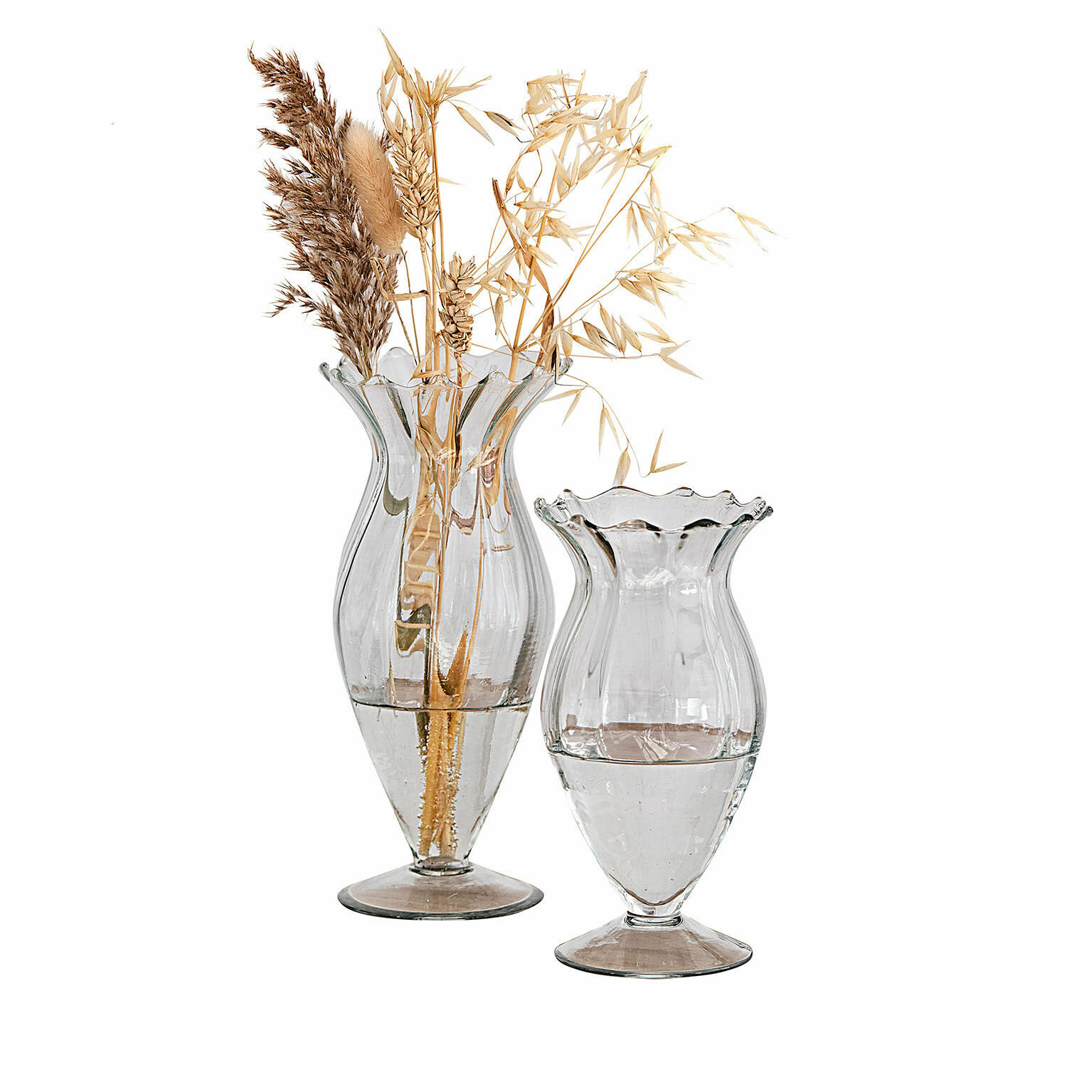 Vaas set van 2 Deniélou Set van twee transparante glazen vazen met golvende rand en decoratieve gedroogde grassen