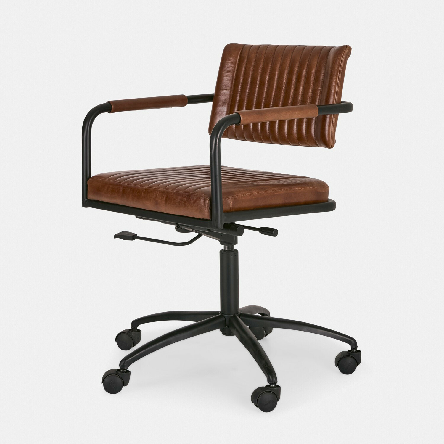 Bureaustoel Awanian Draaibare bureaustoel van bruin leer met zwart metalen frame, verstelbaar en comfortabel
