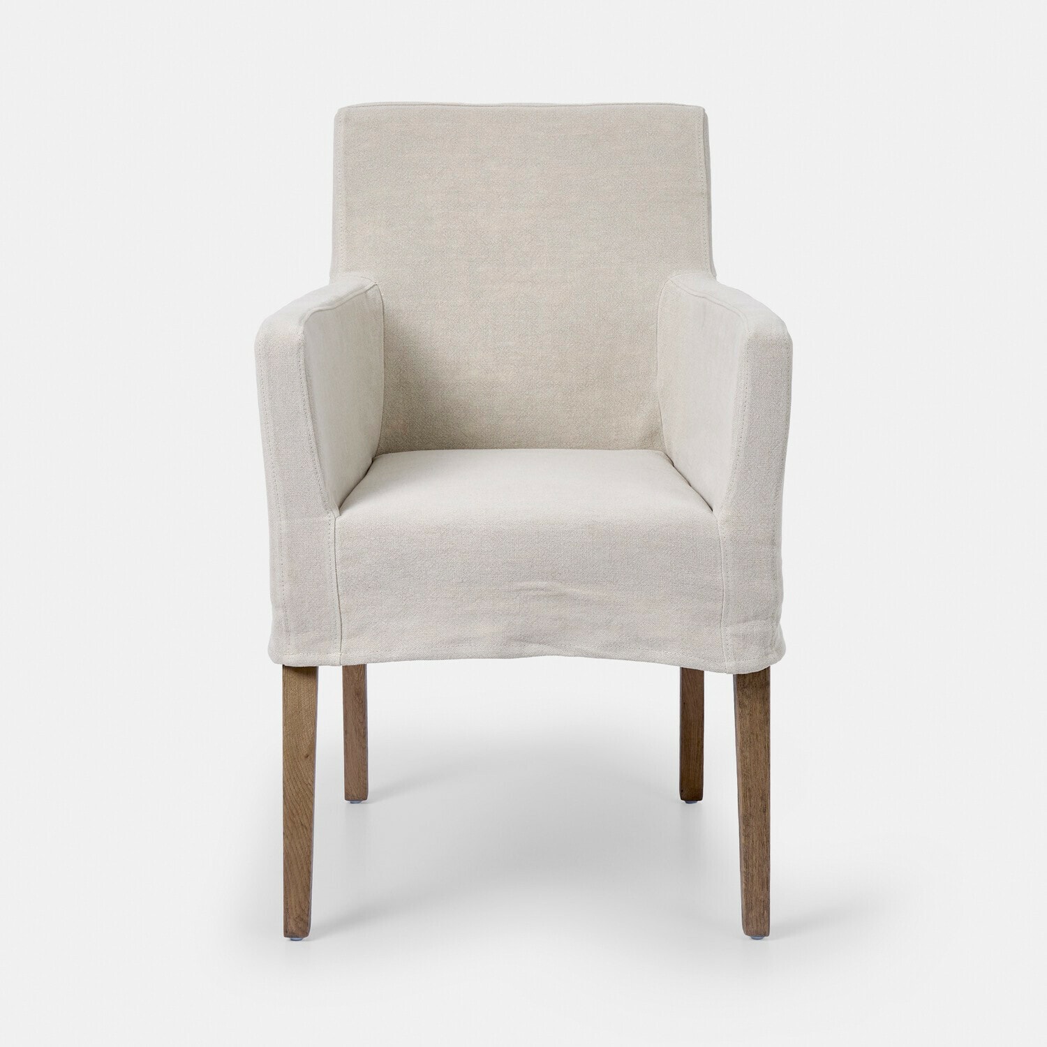 Longhill stoel van beige linnen met houten poten, comfortabel en stijlvol voor woonkamer