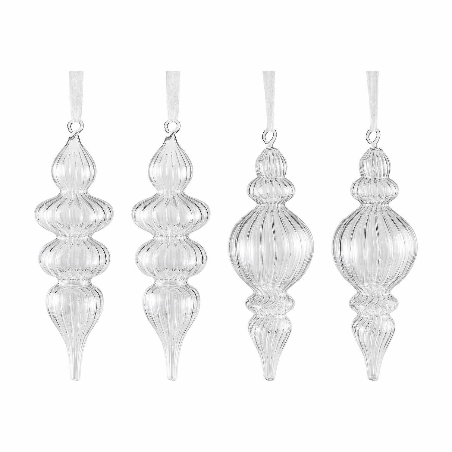 Kerstversiering set van 4 Diorise Set van vier transparante glazen kerstversieringen met witte linten om op te hangen