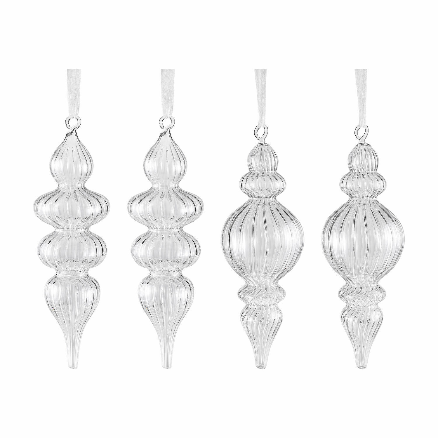 Lot de 4 décorations de Noël Diorise Ensemble de quatre décorations de Noël en verre transparent avec rubans blancs pour suspendre