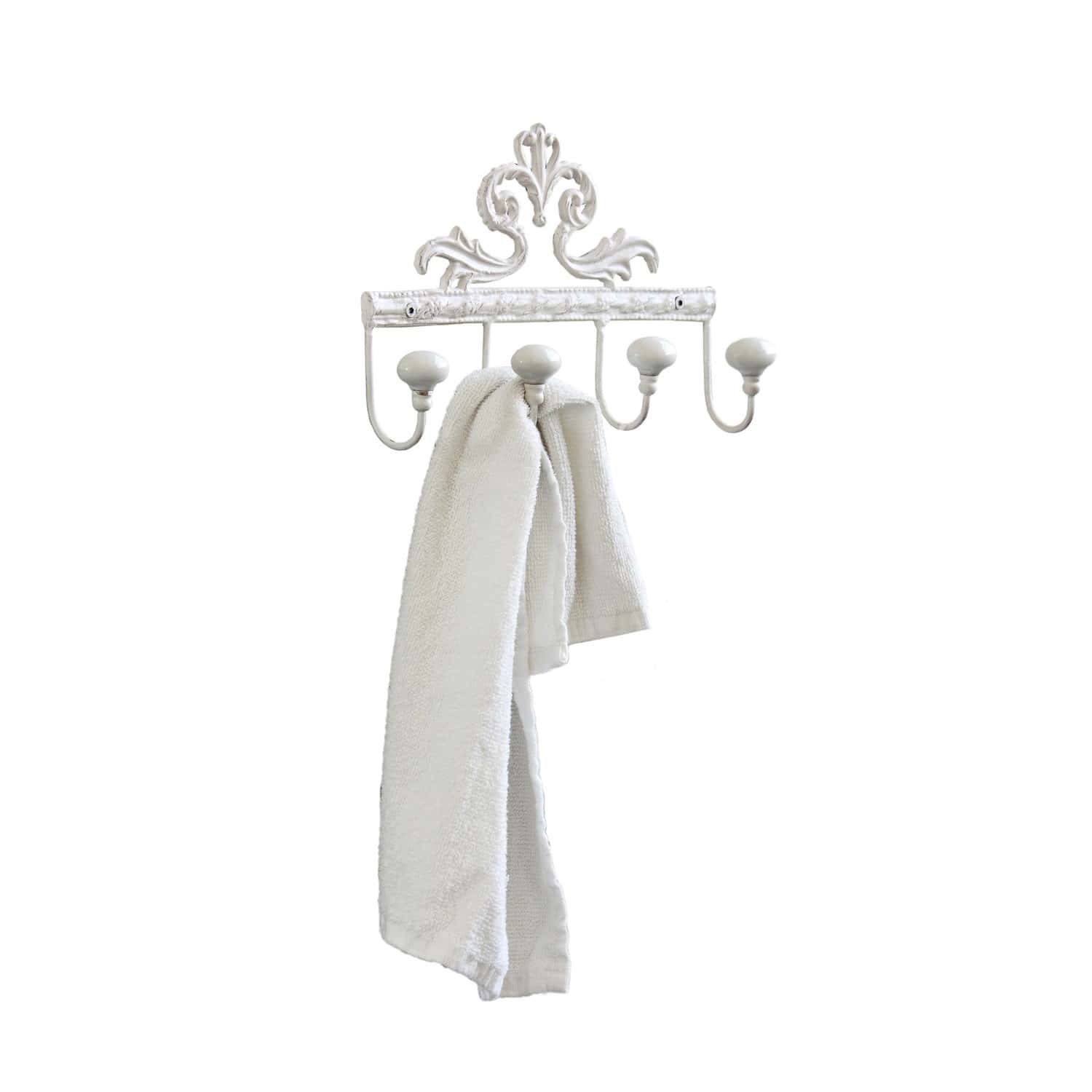 Patère à crochets Cher Patère murale blanche en métal avec cinq crochets et motif décoratif, pour salle de bain