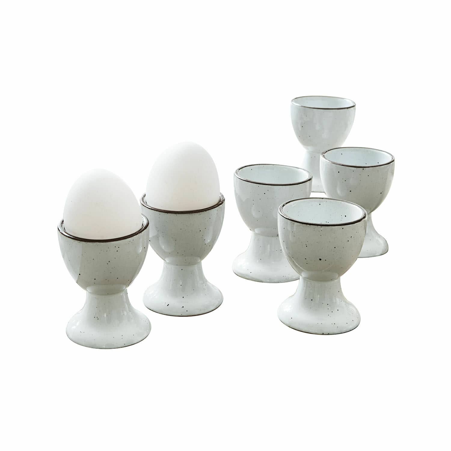 Set van 6 witte keramische eierdopjes met zwarte spikkels voor in de keuken