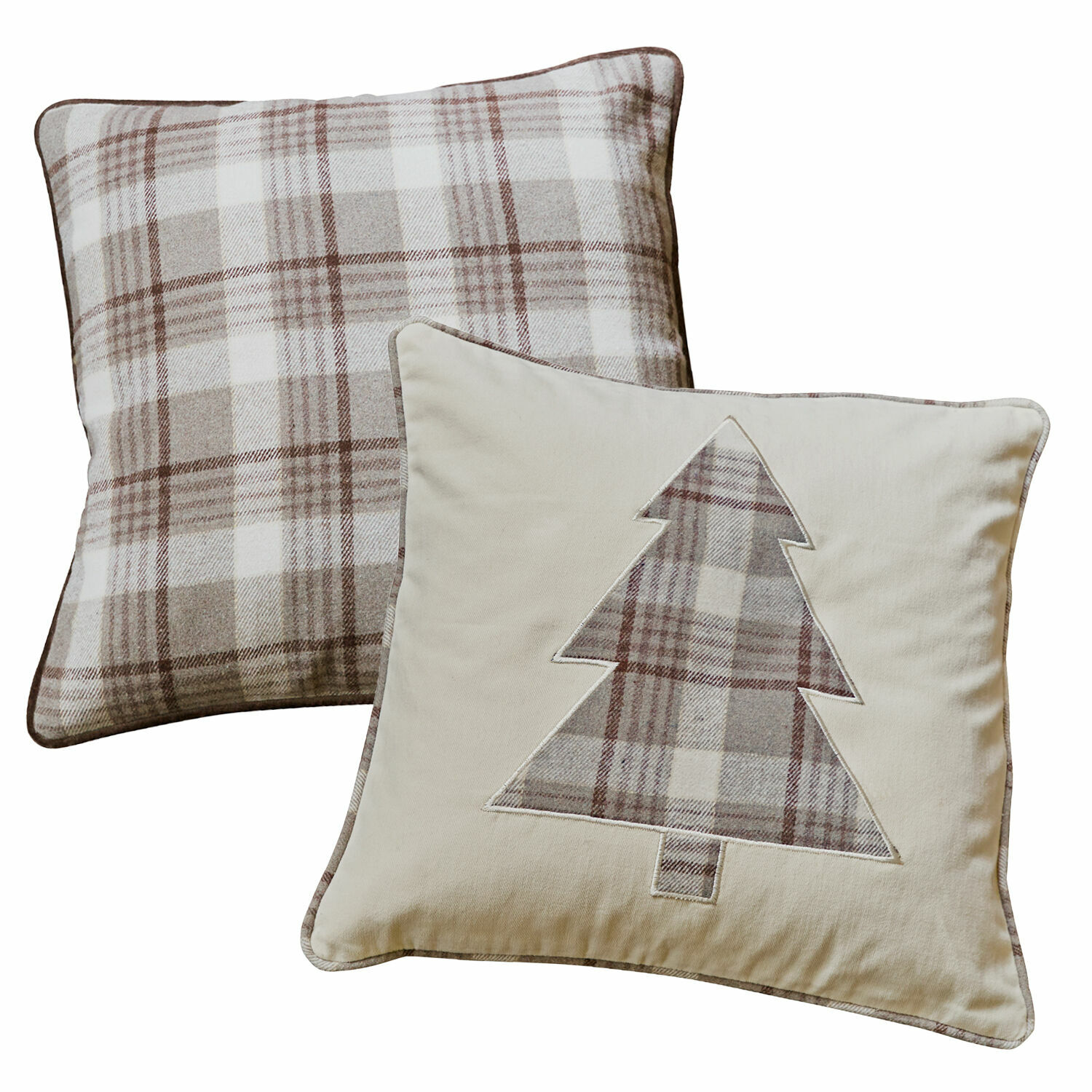 Kussenhoes set van 2 Ersac Set van twee decoratieve katoenen kussens in beige-bruin ruitpatroon met kerstboommotief