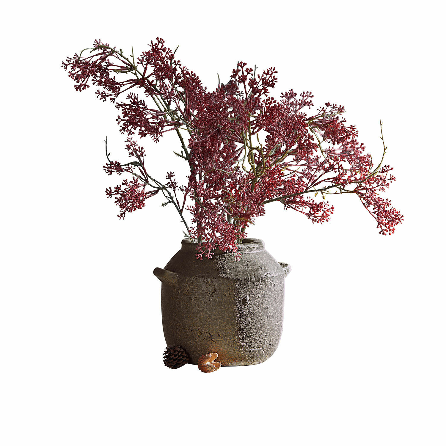Vase Saintevoux Vase en céramique gris rustique avec branches décoratives rouges et pomme de pin posée à côté