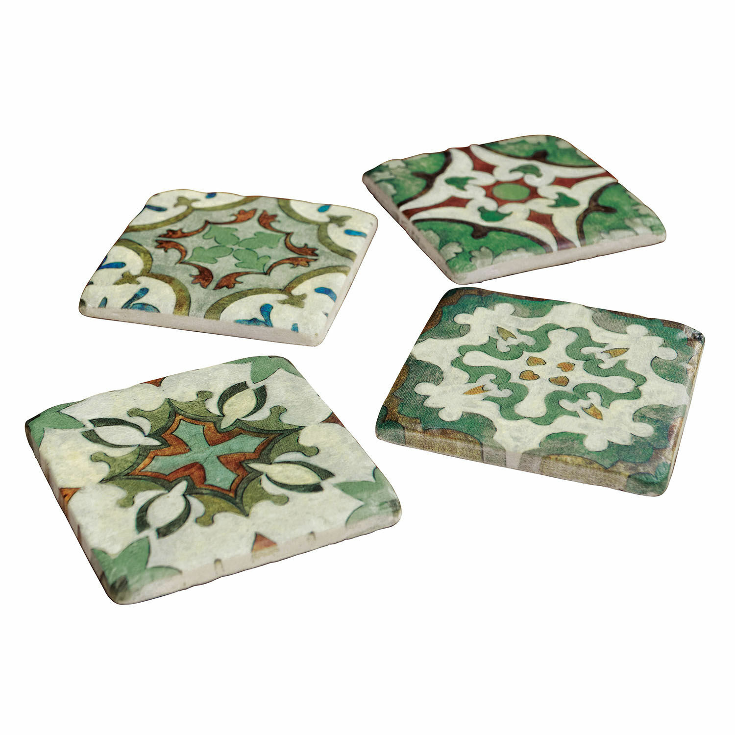 Lot de 4 sous-verres Angeot Ensemble de quatre dessous de verre en céramique avec motifs verts et rouges, accessoires décoratifs pour la maison