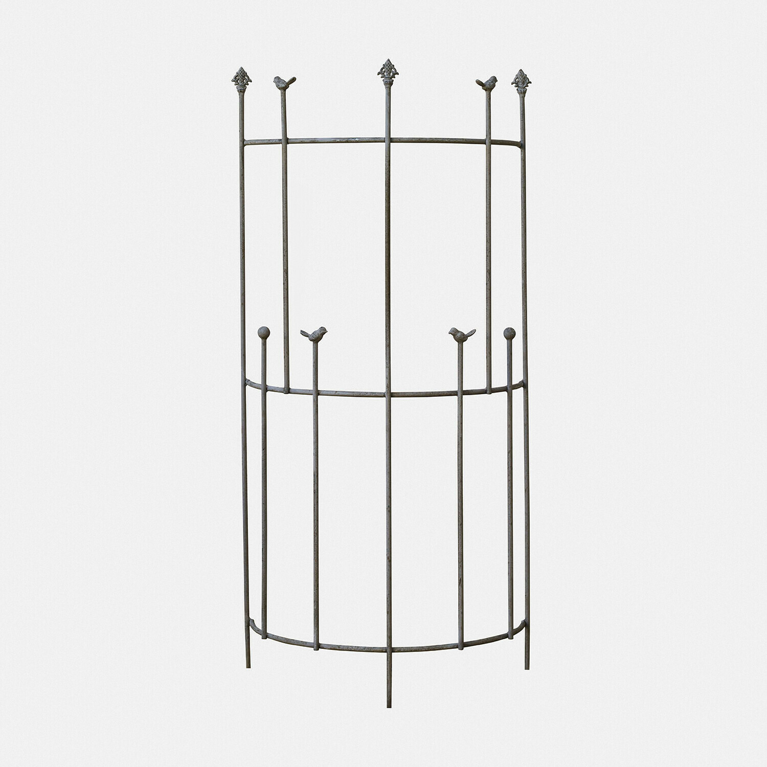 Protection de plante en métal gris avec oiseaux décoratifs et finitions ornementales