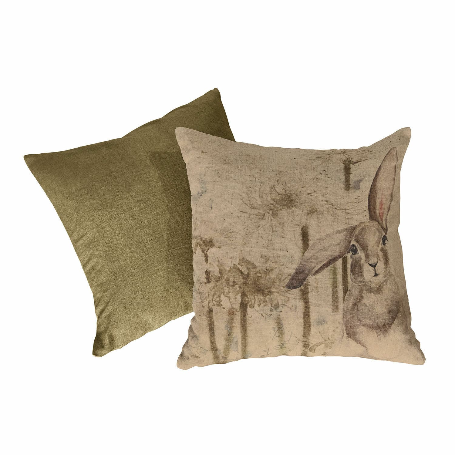 Kussenhoes set van 2 Milda Set van twee decoratieve linnen kussens, één olijfgroen, één met konijn- en plantenprint