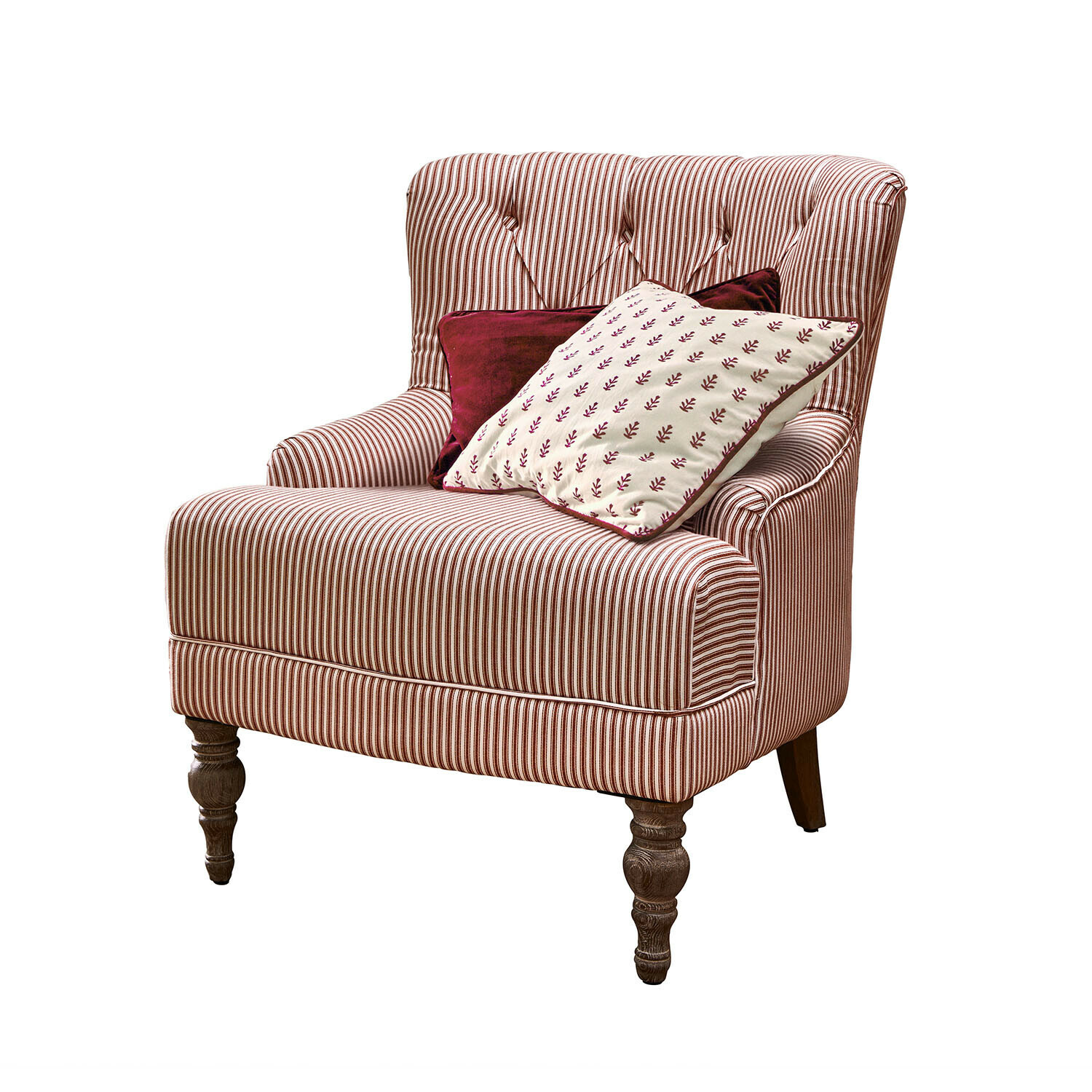Fauteuil Amuran Fauteuil rayé en tissu rouge et blanc avec pieds en bois et deux coussins décoratifs assortis