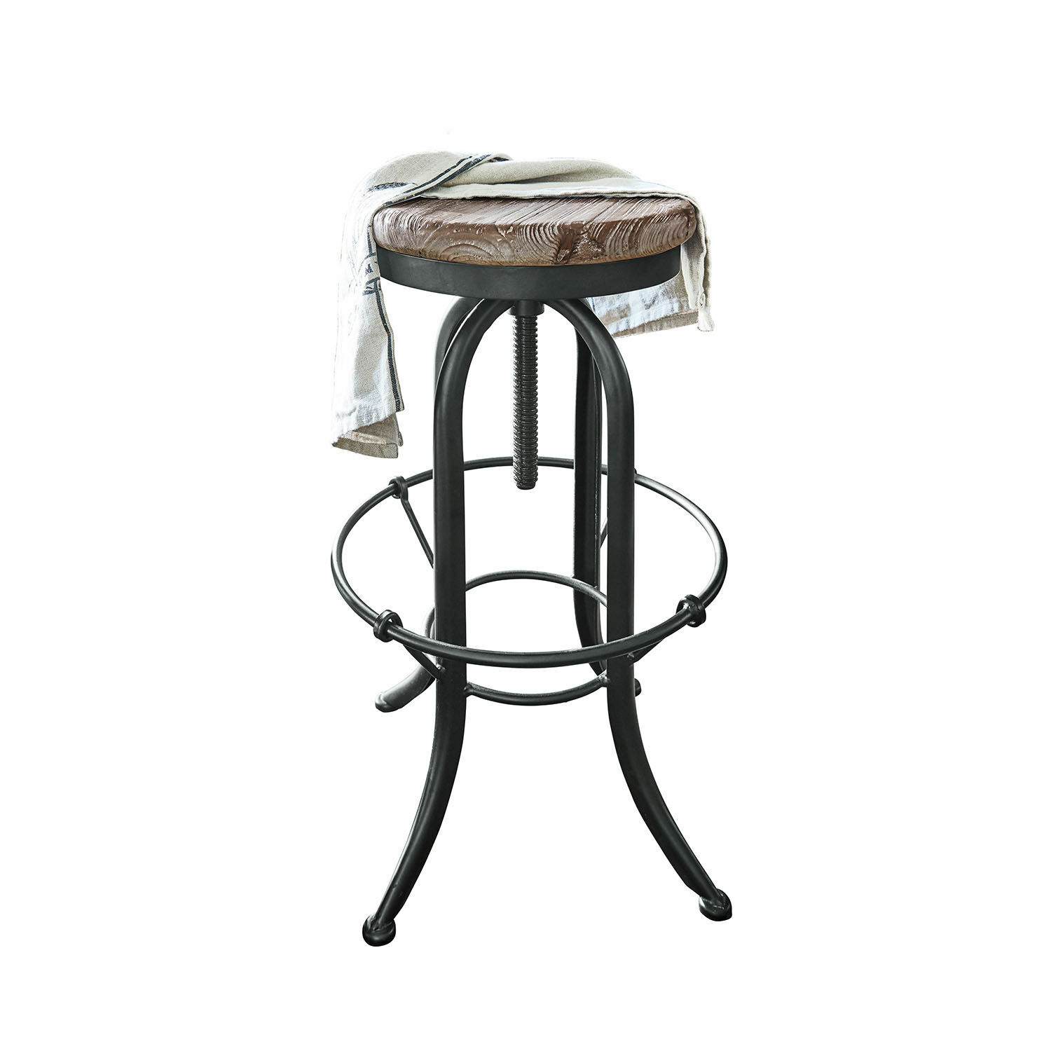 Tabouret Cambria Tabouret de bar industriel avec base en métal noir et assise en bois avec tissu posé dessus