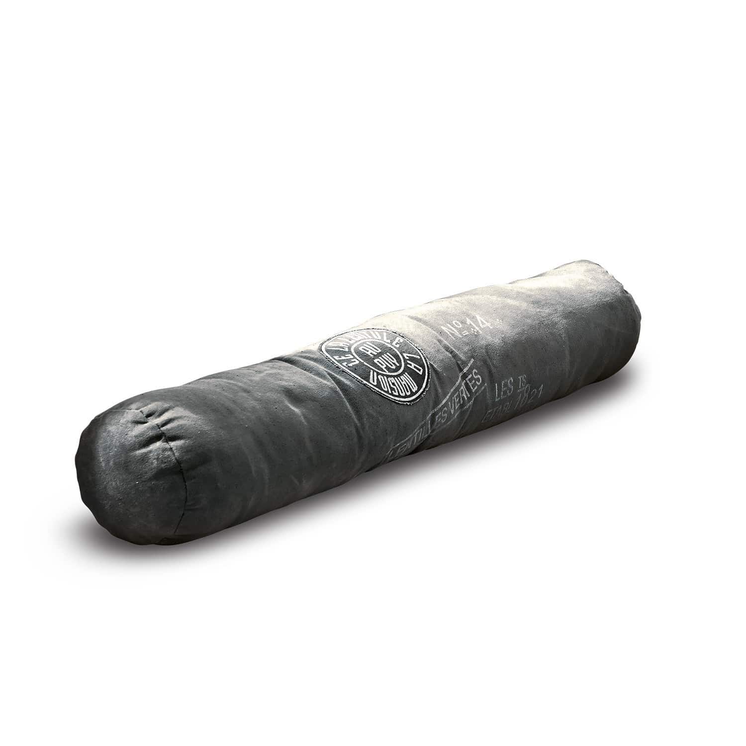 Bas de porte Jake Coussin cylindrique gris avec impression, en tissu doux pour un confort optimal
