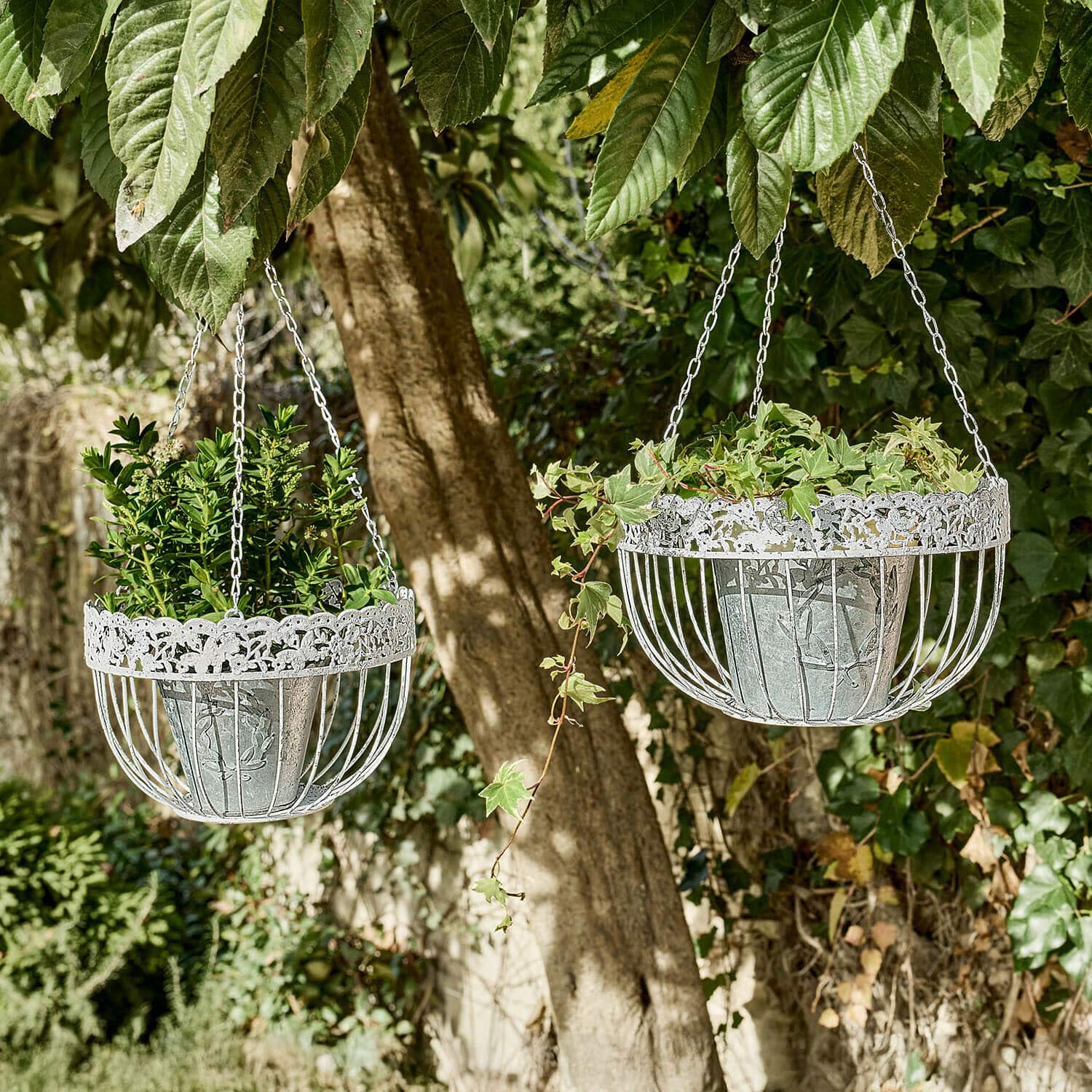Hangmand set van 2 Iveralia Twee witte metalen hangmanden met groene planten hangend aan een boom in een tuin