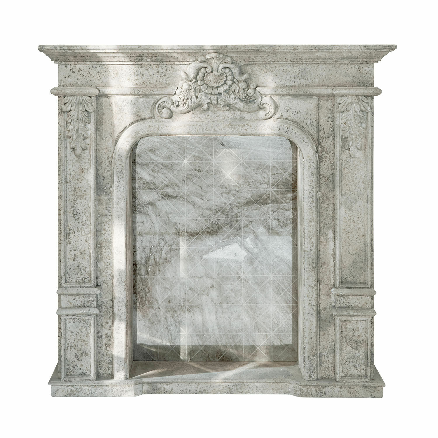 Manteau de cheminée Rethonvillers Cheminée classique en marbre clair avec un relief décoratif supérieur et un motif gris marbré