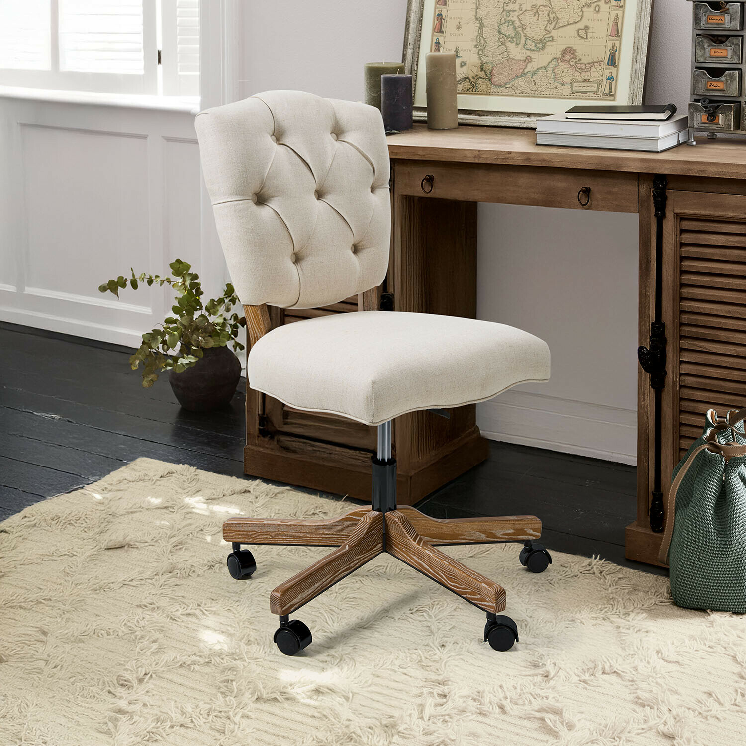 Chaise de bureau Havenleigh Chaise de bureau pivotante beige avec base en bois sur roulettes, idéale pour un bureau à domicile