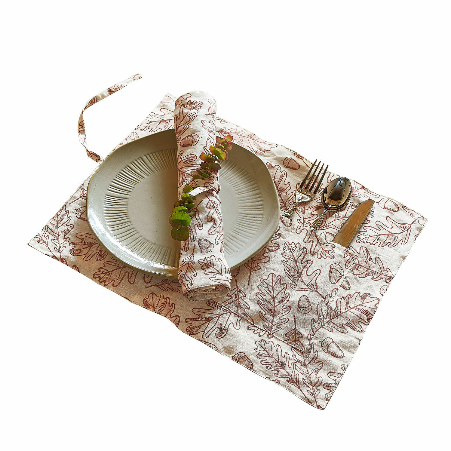 Lot de 2 sets de table Qubinal Ensemble de table en lin avec motif de feuilles de chêne et couverts dans des tons naturels