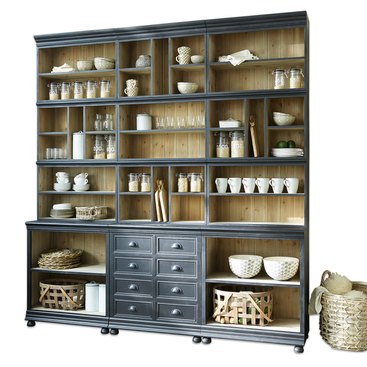 Vaisselier Shrewsbury Grande armoire en bois gris et naturel avec tiroirs et étagères pour rangement de cuisine