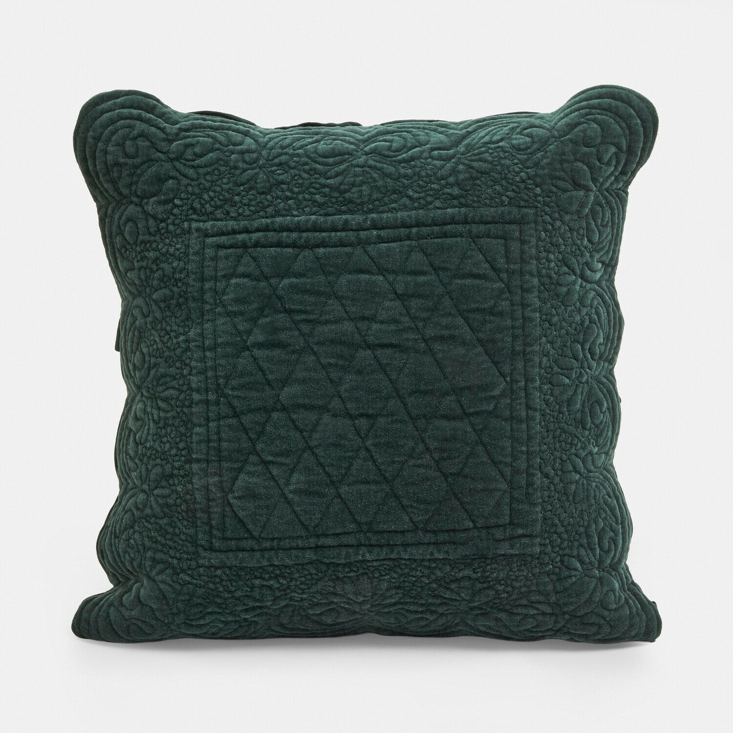 Kussenhoes Lunévois Groen fluwelen kussen met doorgestikt patroon en decoratieve rand, woonaccessoire