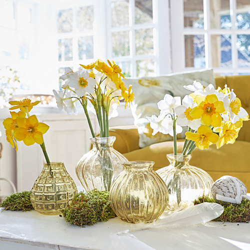 Set van vier doorzichtige glazen vazen met gele en witte bloemen op lichte tafel