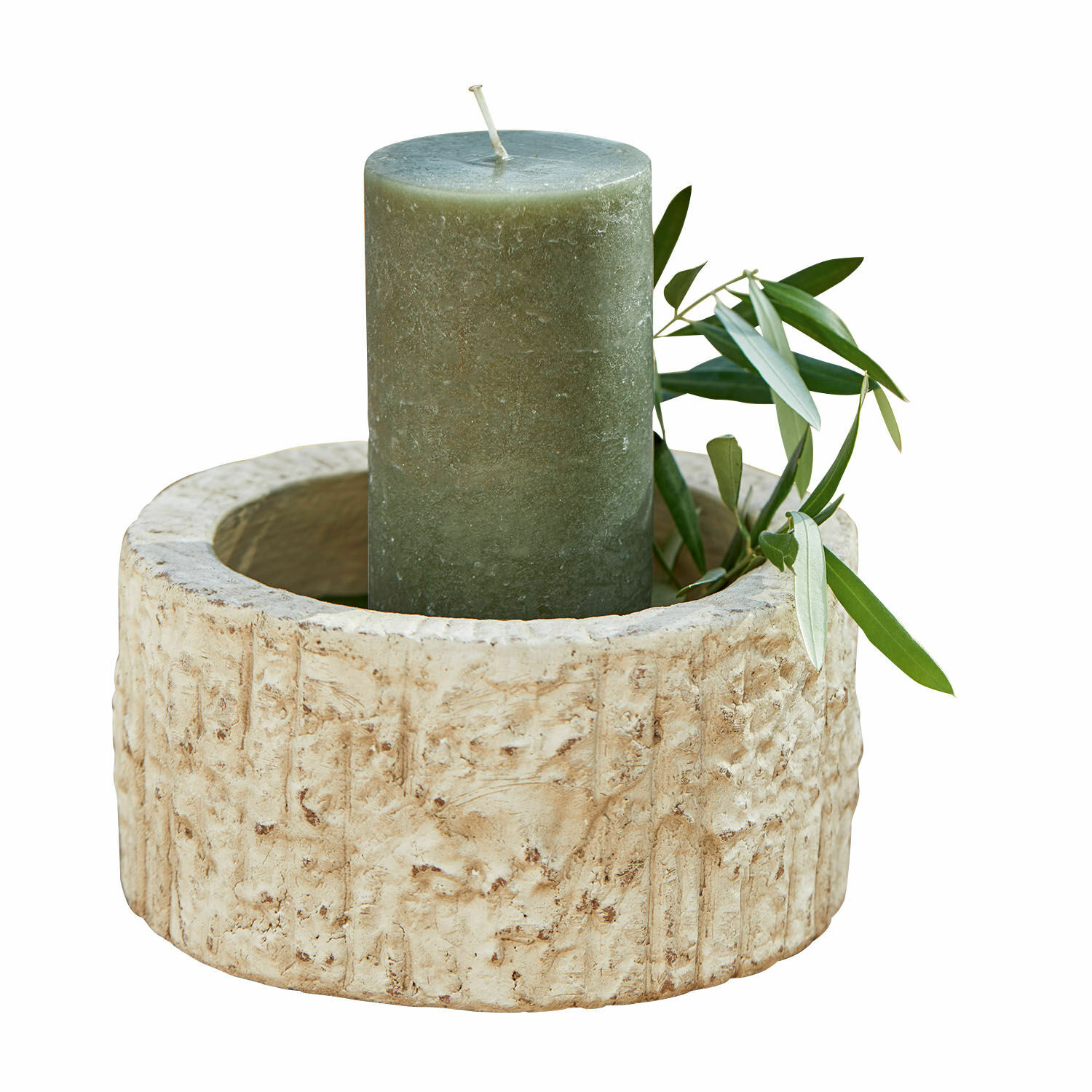 Schaal Continas Groene kaars met natuurlijk blad in beige, gestructureerde kandelaar van decoratieve steen