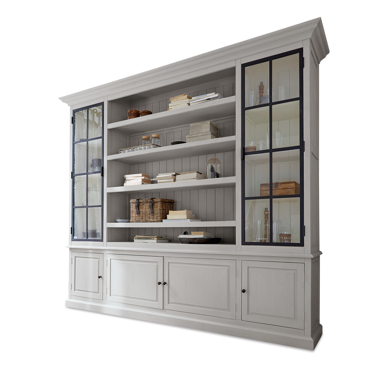 Kast Pratola Grote witte houten vitrinekast met glazen deuren en planken voor boeken en decoratie