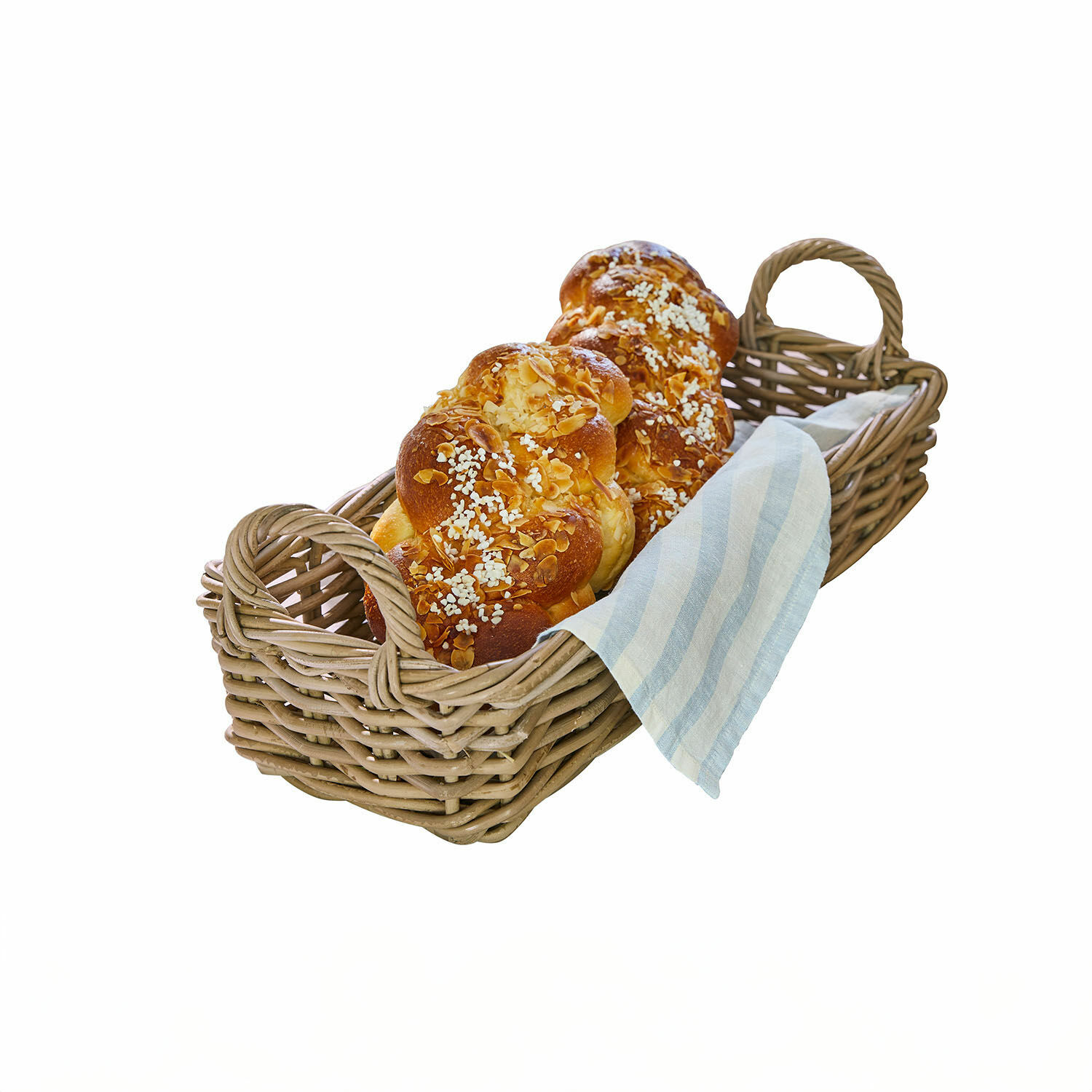 Corbeille Balmis Panier en osier avec deux brioches garnies d'amandes effilées et de sucre perlé