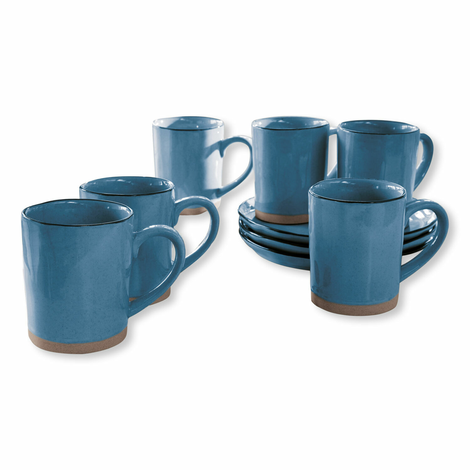 Lot de 6 tasses Biarré Ensemble de six tasses en céramique bleue avec soucoupes, vaisselle durable pour café et thé