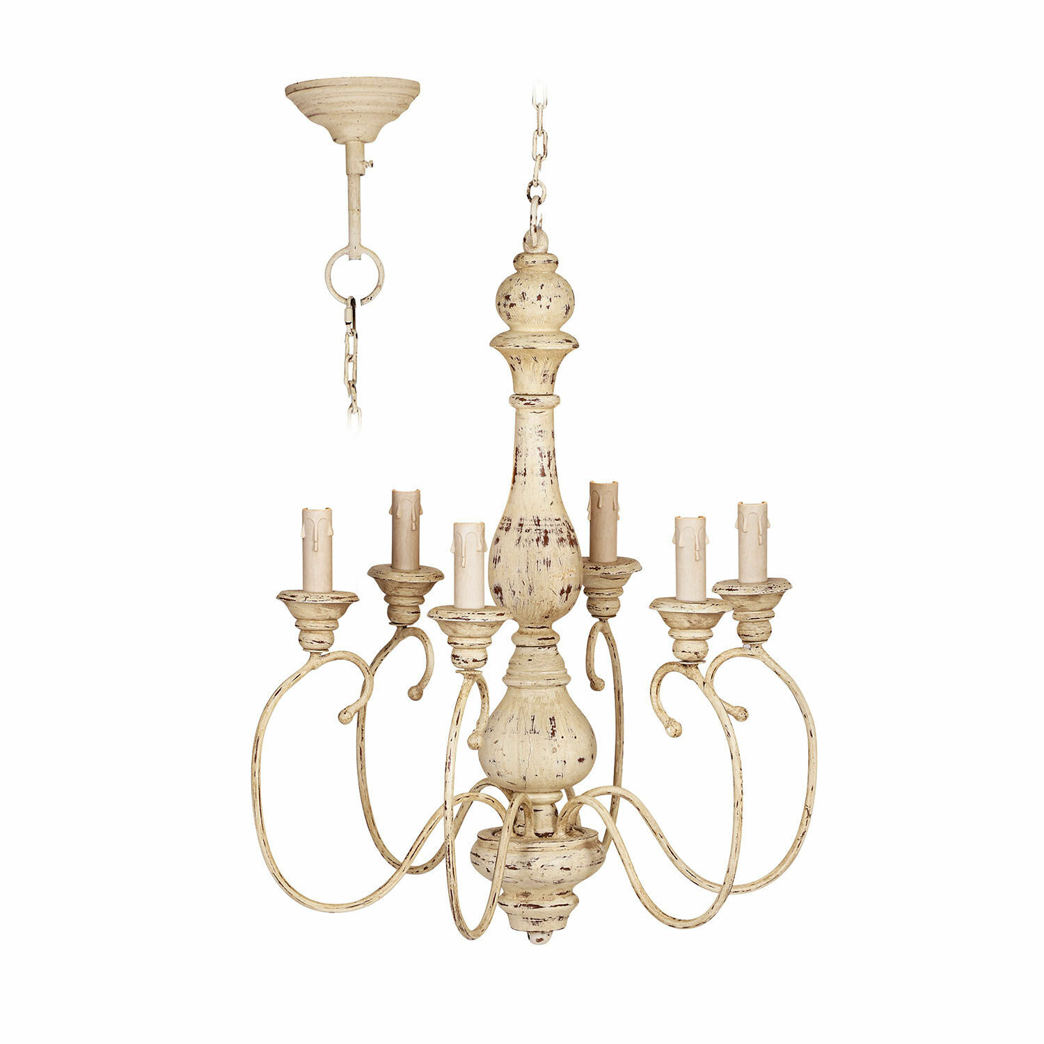 Hanglamp Greenwich Vintage metalen kroonluchter in crèmekleur met zes kaarsenhouders, decoratief binnenverlichtingsobject.