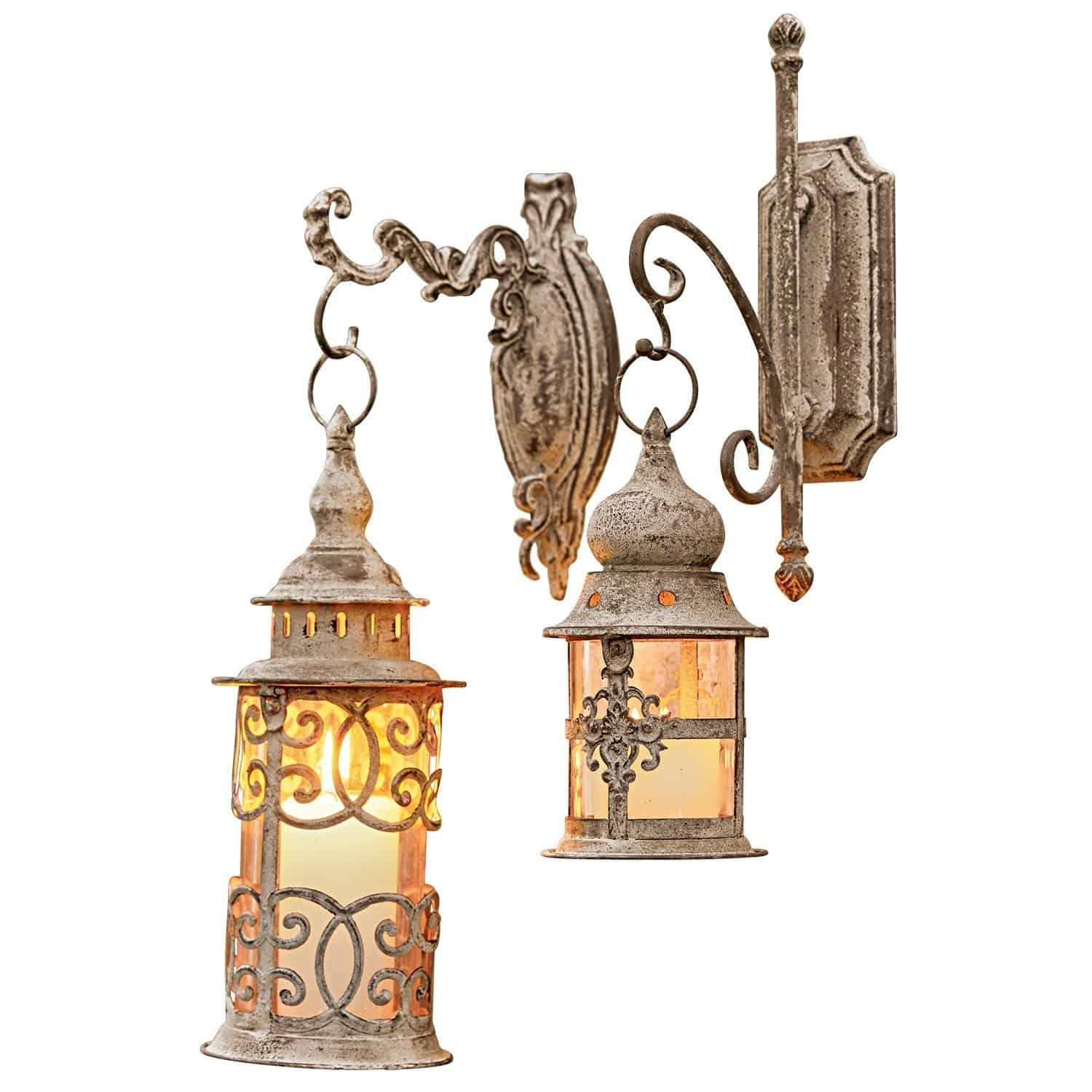 Lantaarn set van 2 Adéláde Wandlamp van metaal in antiekbruin met decoratief patroon en warm licht in vintage stijl