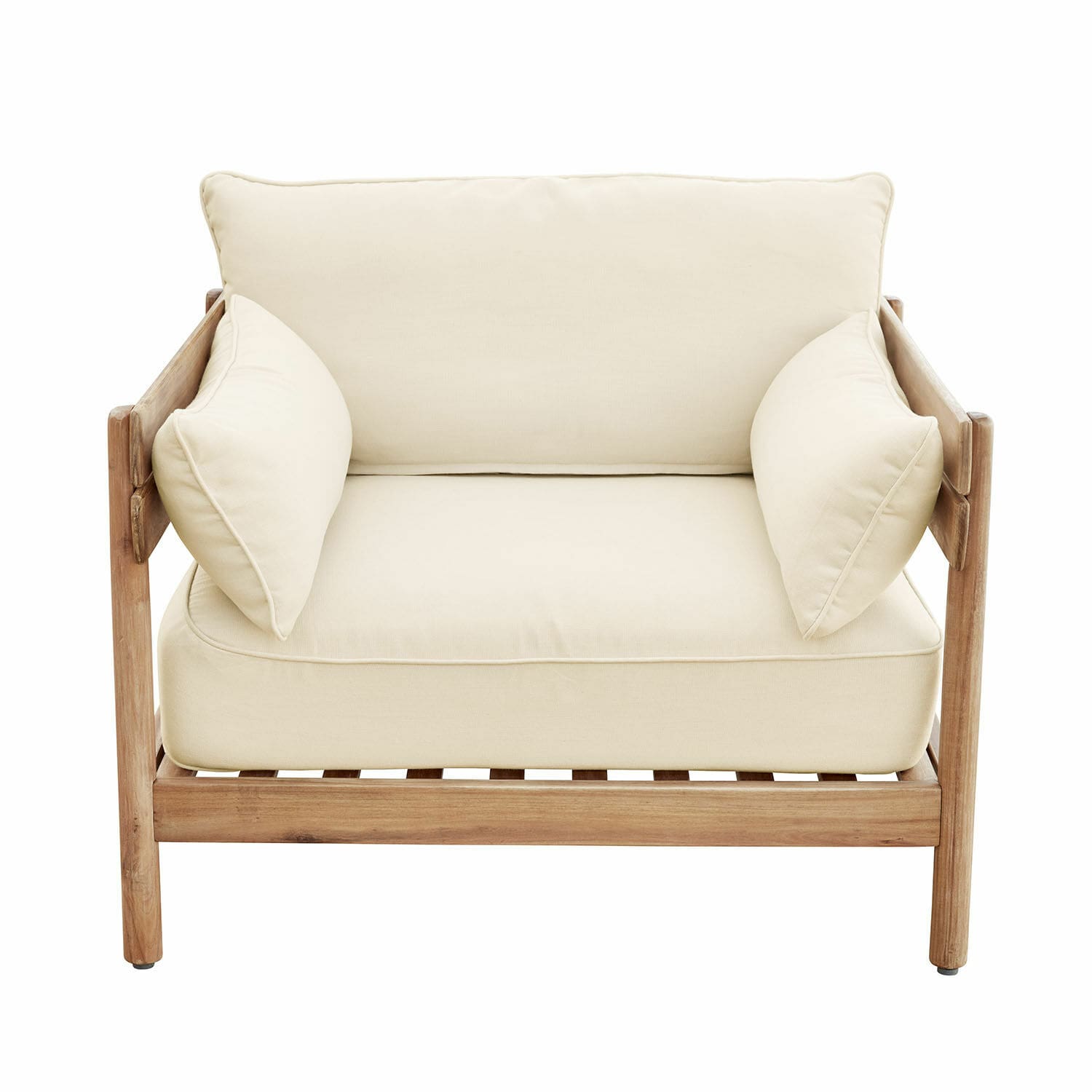 Fauteuil Montivaux en bois FSC brun beige avec coussins beiges moelleux, siège confortable pour salon moderne.