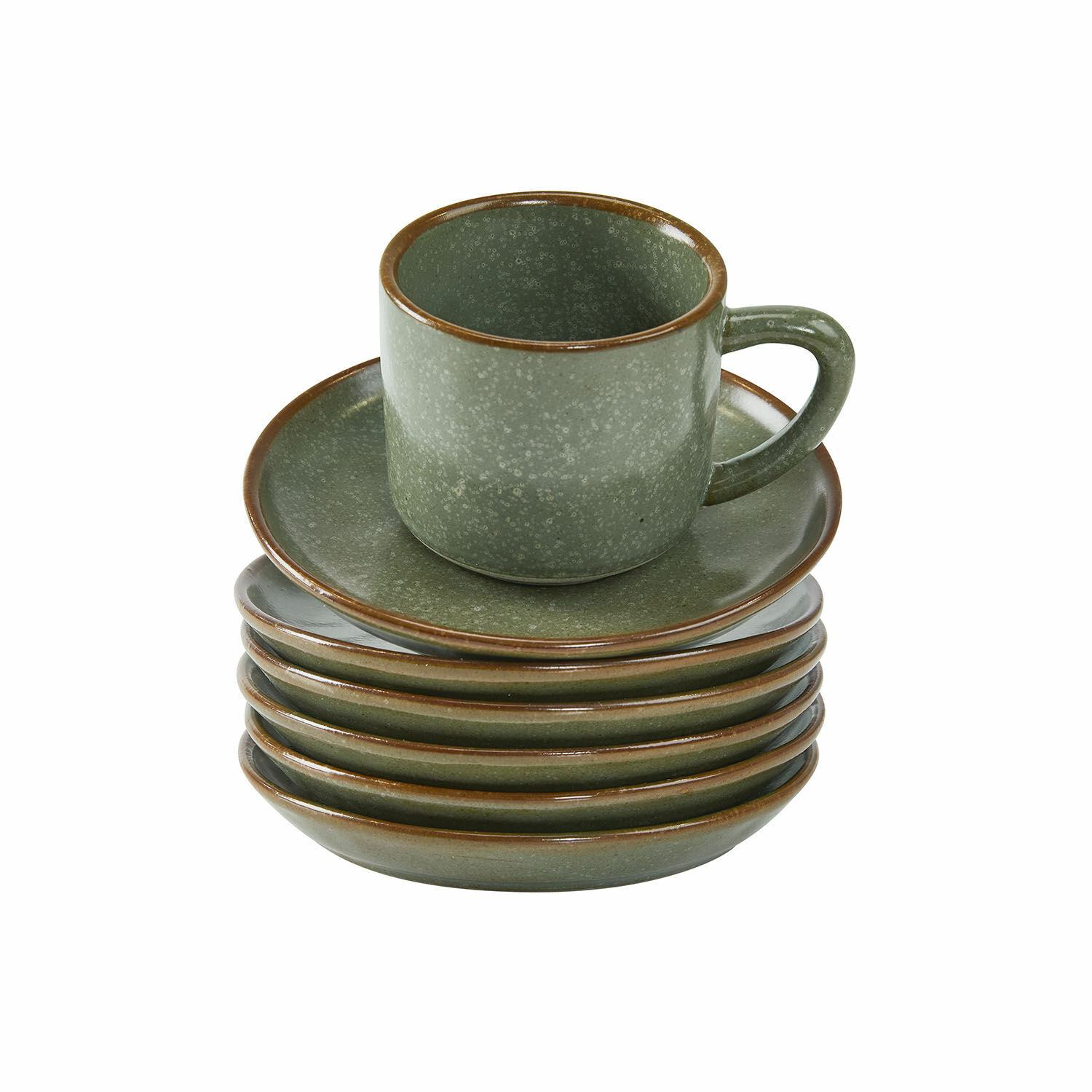 turquoise/bruin Set van 6 keramische Biarritz kopjes met schotels in turquoise en bruin voor koffie