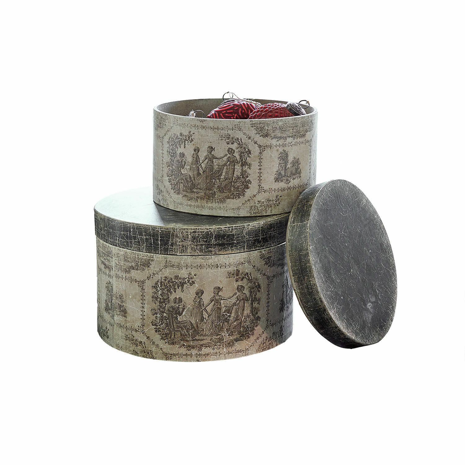 Lot de 2 boîtes Eltharien Boîtes rondes décoratives avec motif vintage en tons gris-beige pour ranger des décorations de Noël
