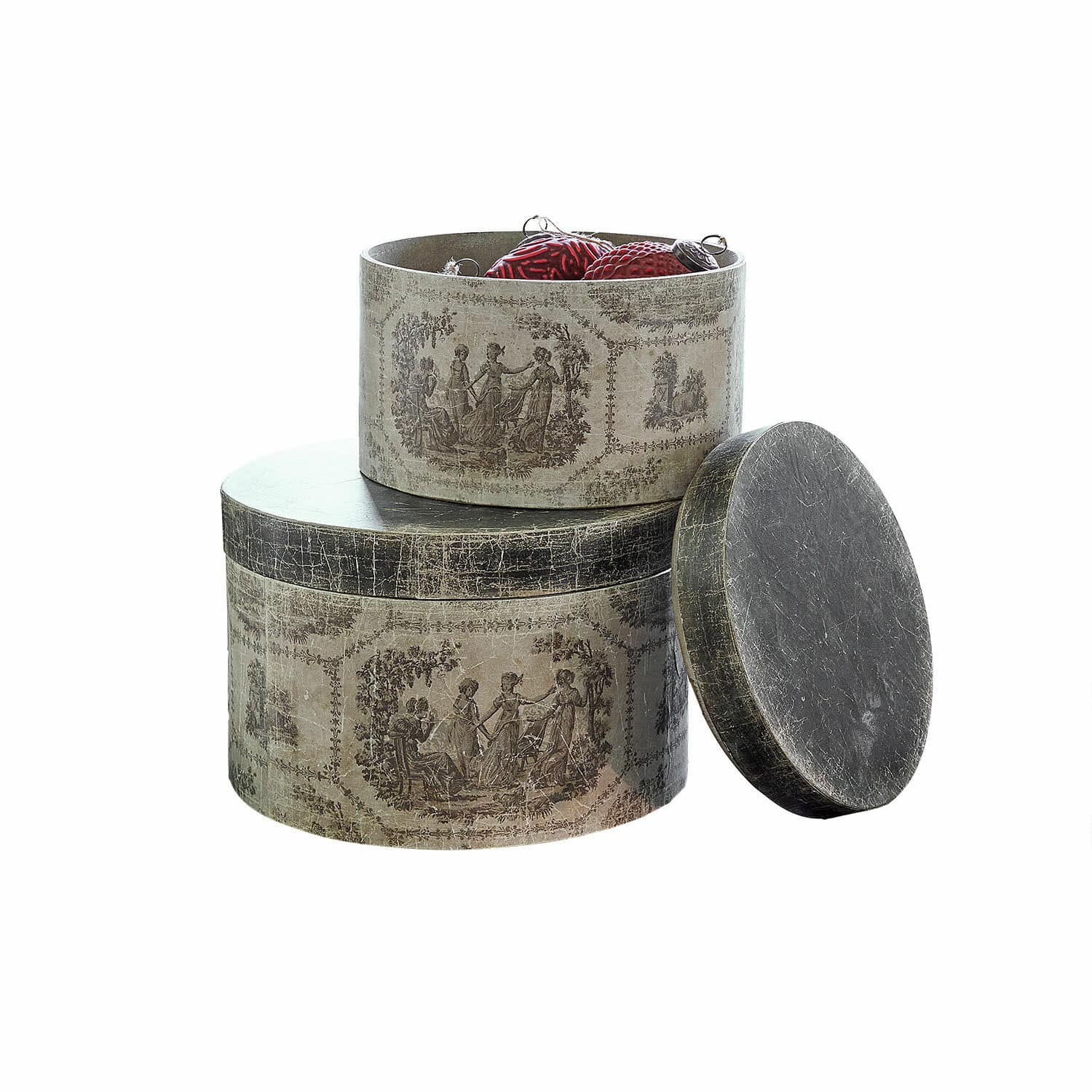 Doos set van 2 Eltharien Ronde decoratieve dozen met vintage motief in grijs-beige tinten voor het opbergen van kerstversieringen