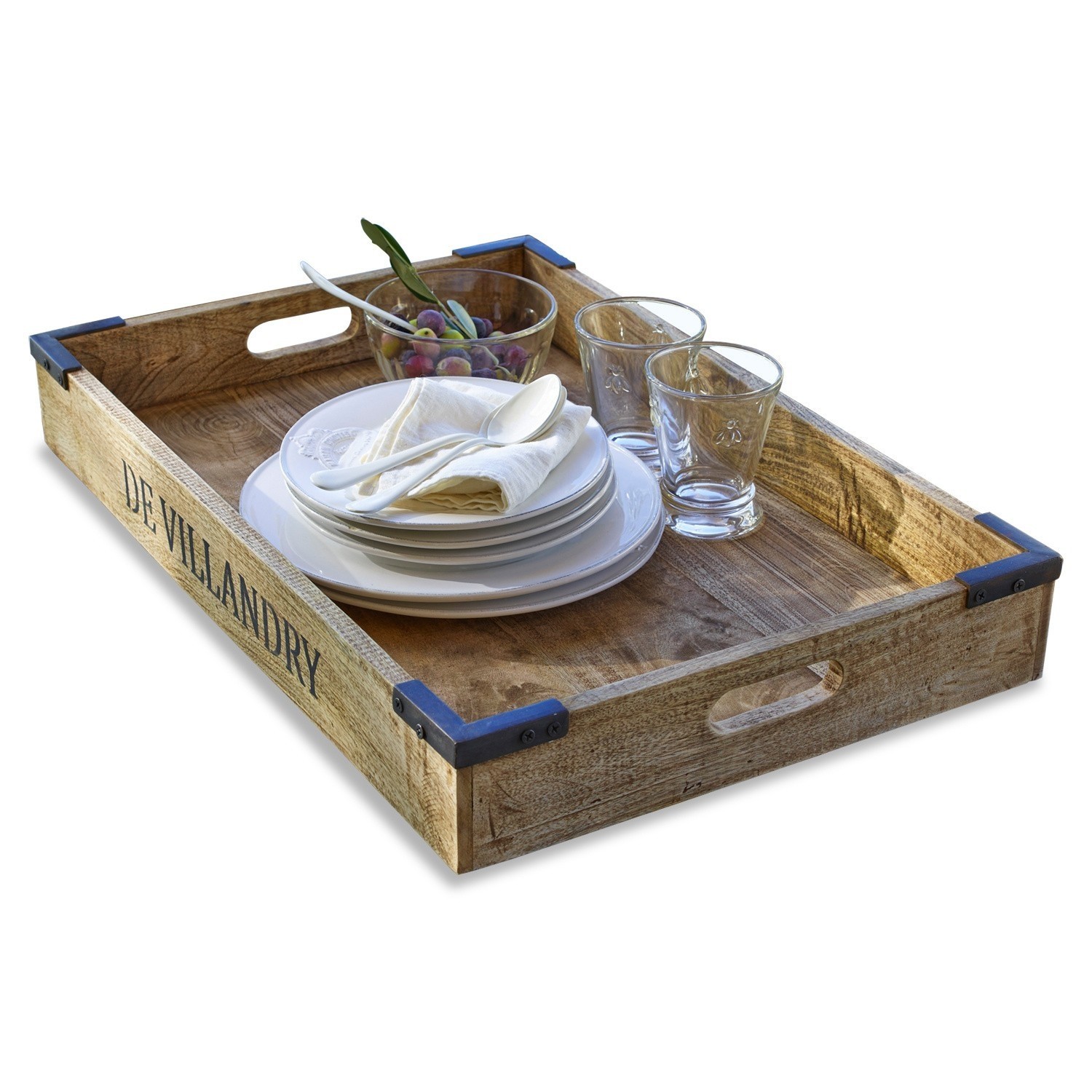 Dienblad Villandry Houten dienblad met handgrepen en metalen hoeken in natuurlijke kleur, met wit servies en glazen