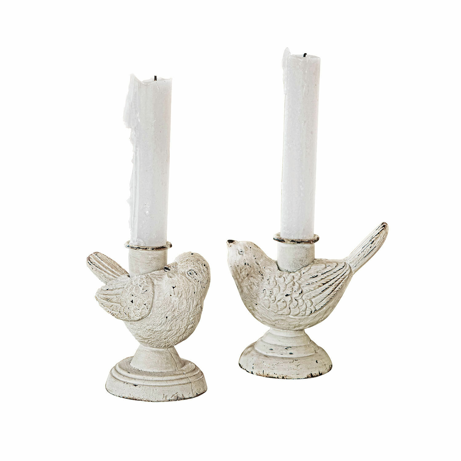 Set van twee witte kaarsenhouders van verouderd metaal met vogelmotief voor interieurdecoratie