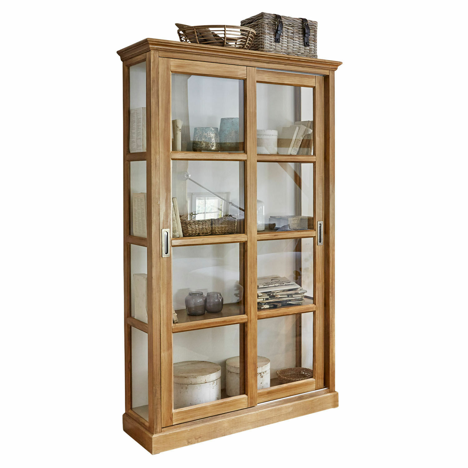 Vitrine Etienne Vitrine en bois naturel avec portes coulissantes en verre pour rangement élégant