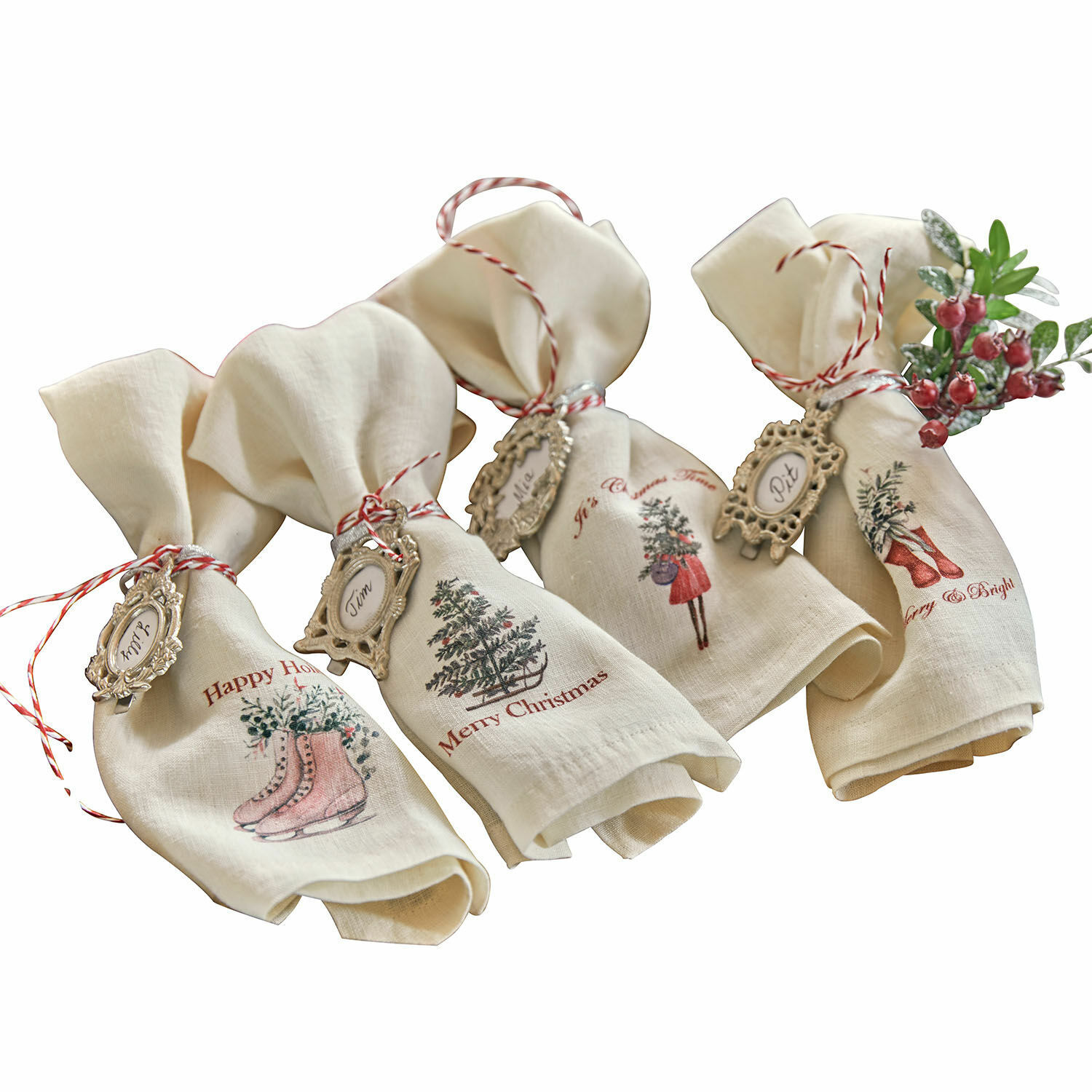 Servet set van 4 Merry & Bright Set linnen kerstservetten met print en decoratieve labels, feestelijke tafeldecoratie
