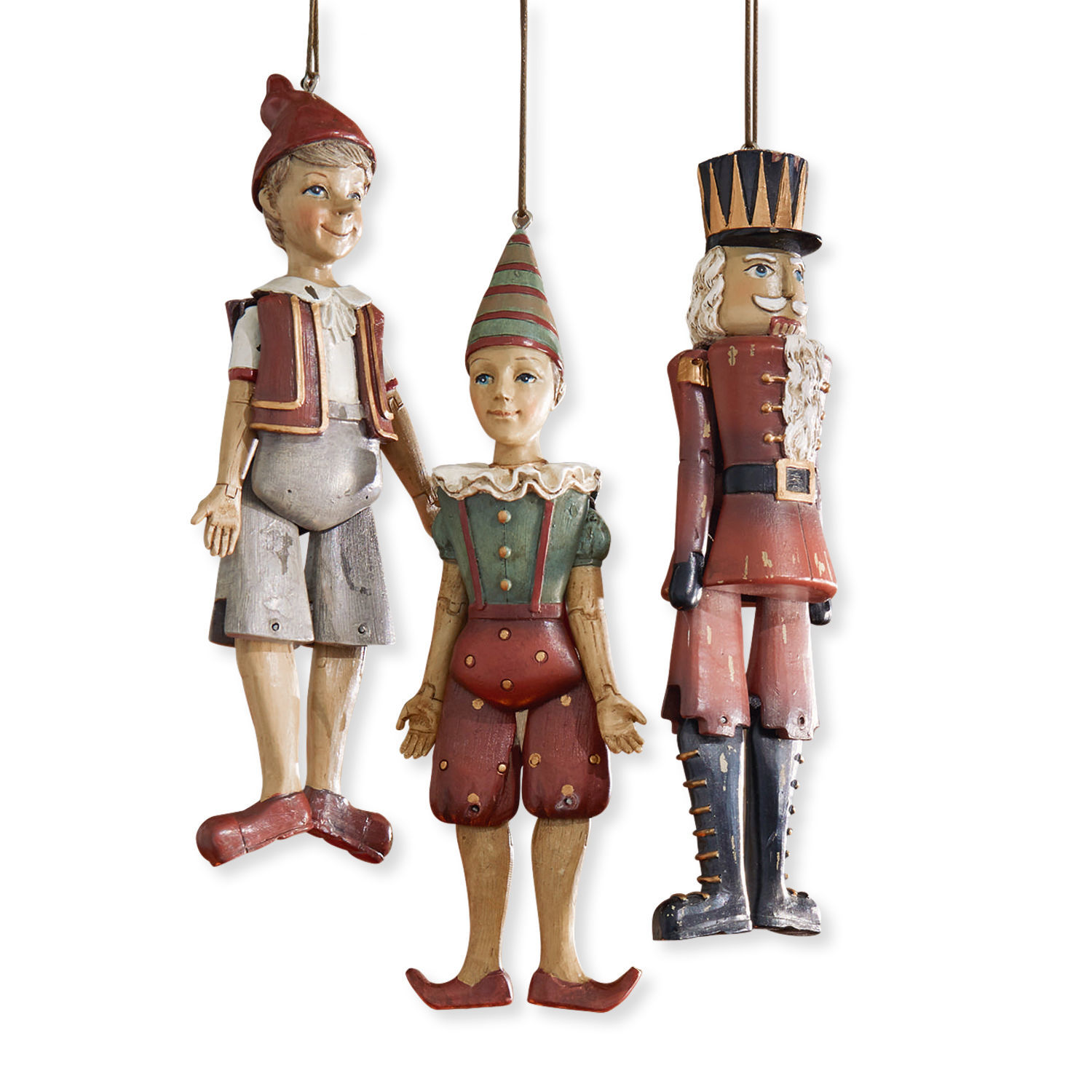 Lot de 3 figurines Udine Ensemble de trois suspensions en bois vintage : Pinocchio, clown et soldat en rouge et vert pour décoration