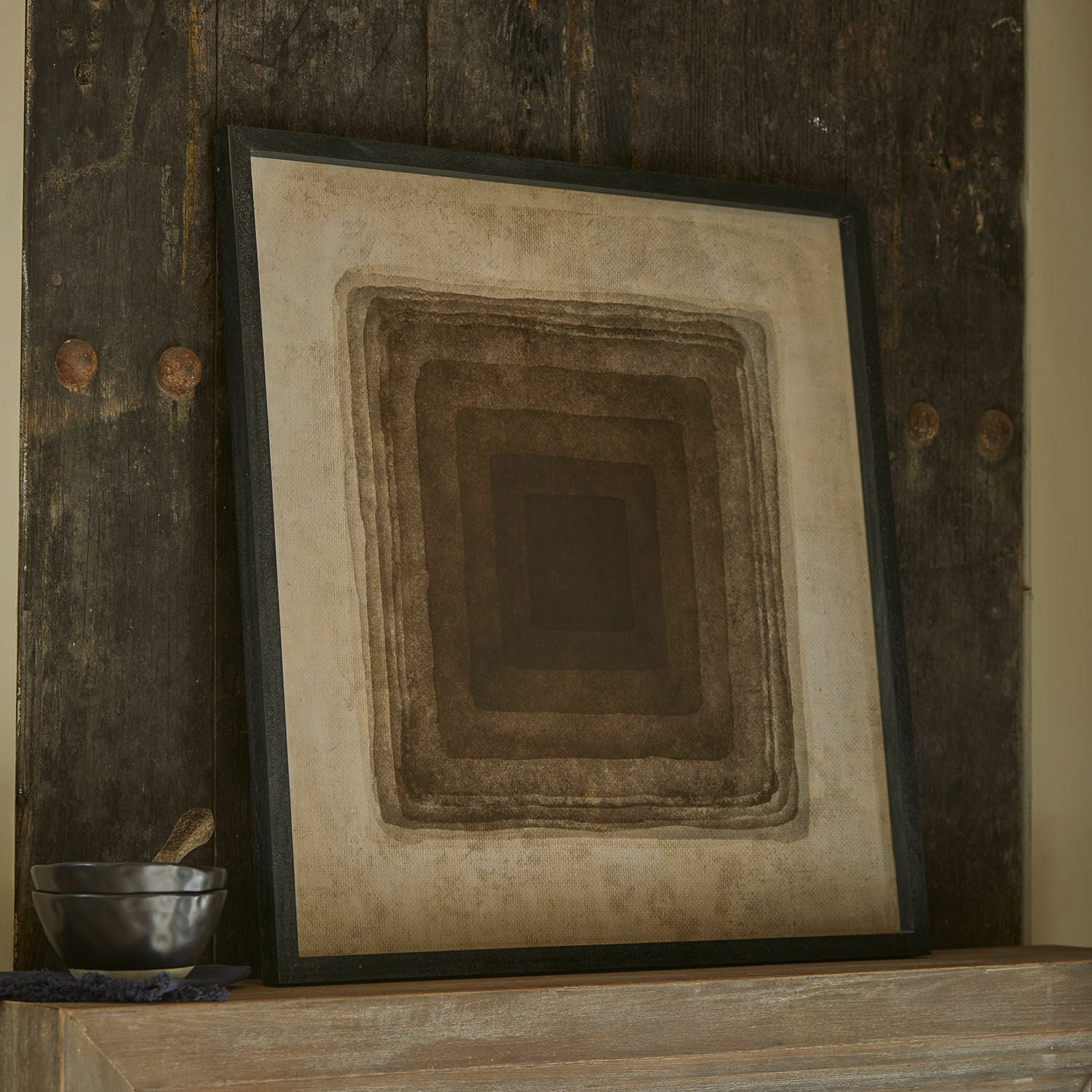 Tableau Zayden Tableau décoratif avec motif géométrique en nuances de brun sur fond beige, décoration murale moderne