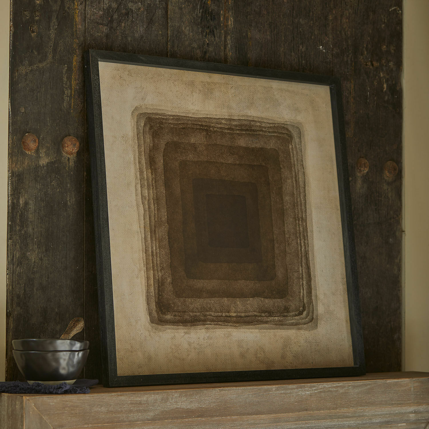 Afbeelding Zayden Decoratief schilderij met geometrisch patroon in bruine tinten op beige achtergrond, moderne wanddecoratie