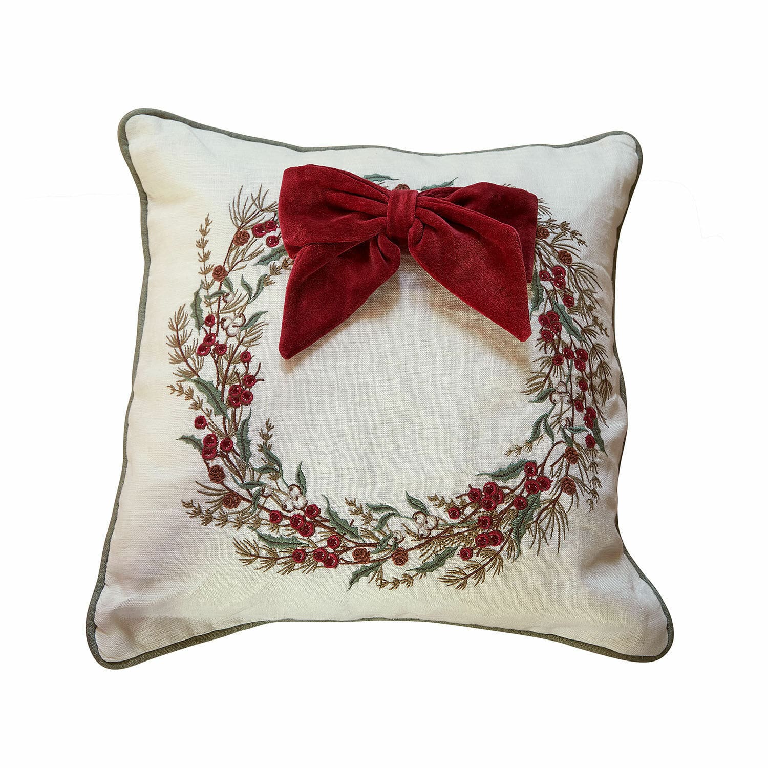 Housse de coussin Cévaline Coussin décoratif en lin écru avec couronne brodée et nœud rouge bordeaux pour décoration intérieure