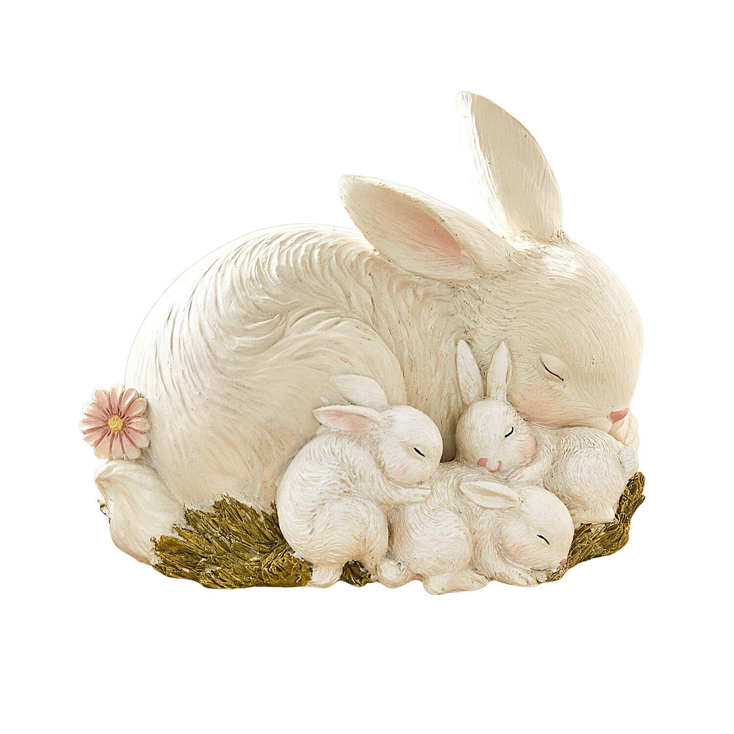 Konijntjes Seravoux Harsfiguur van een slapend wit konijnenfamilie op groen gras met een roze bloem