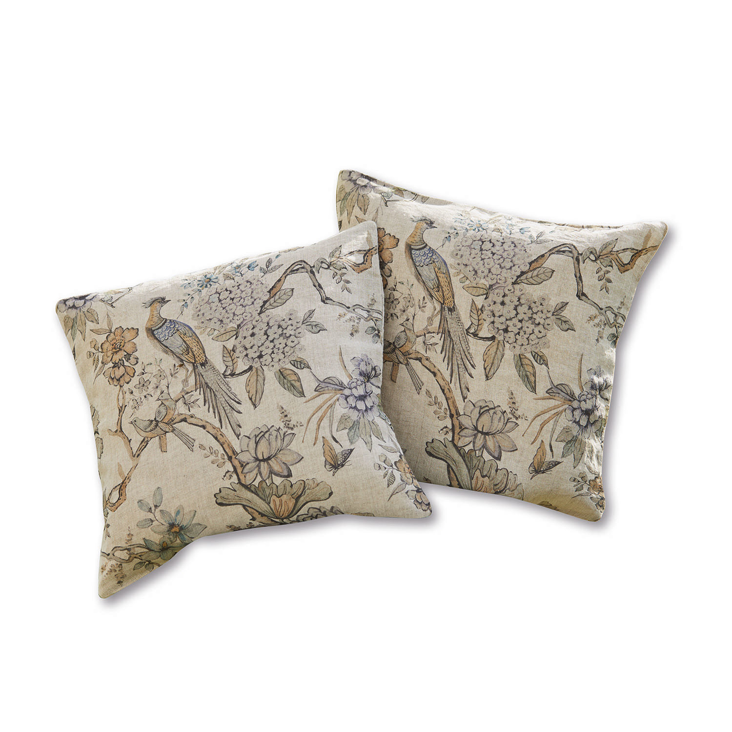 Kussenhoes set van 2 Lorry Set van twee decoratieve linnen kussens in beige met vogel- en bloemenprint voor woonruimte