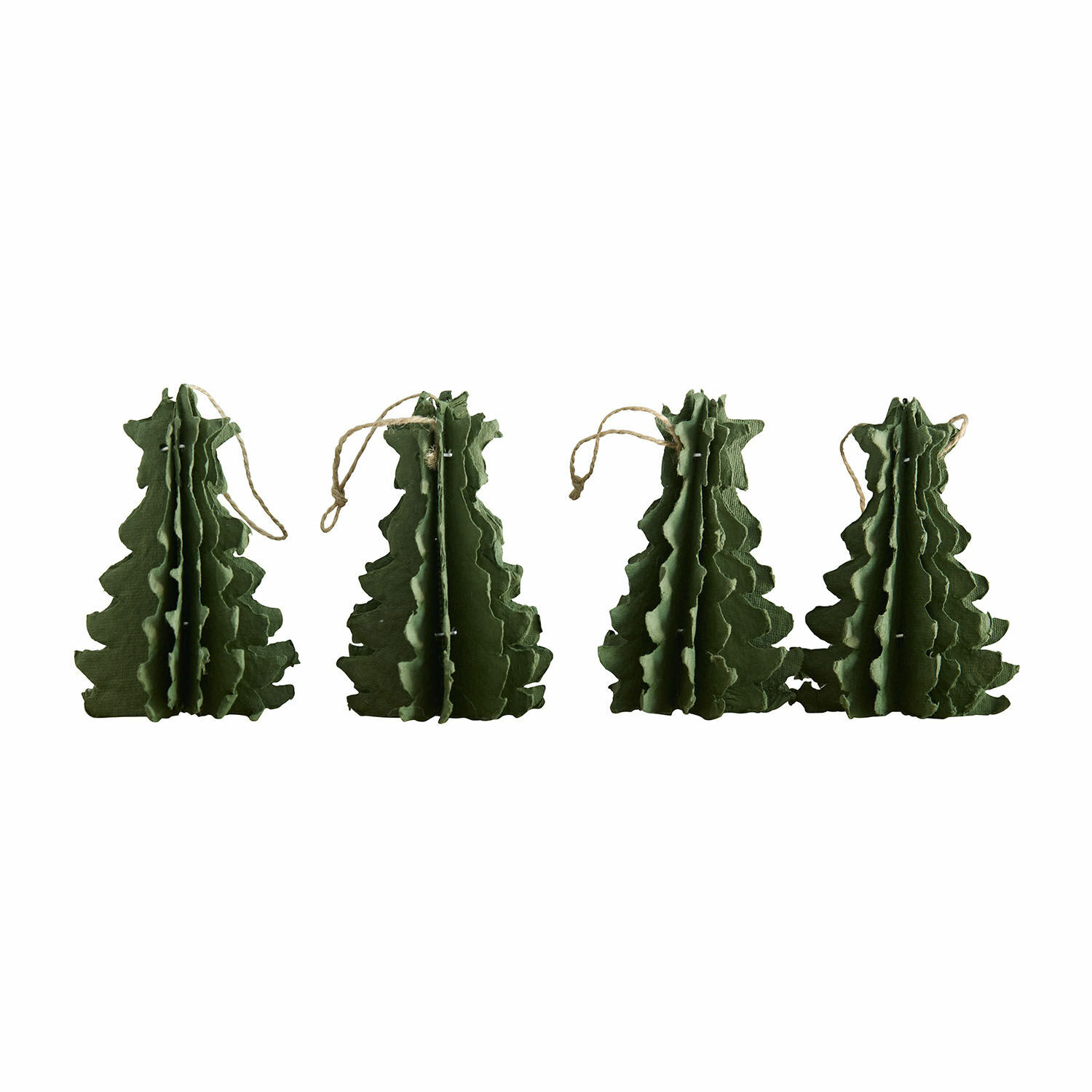 Set van 4 groene stoffen kerstboomvormige hangers met koord, kerstdecoratie