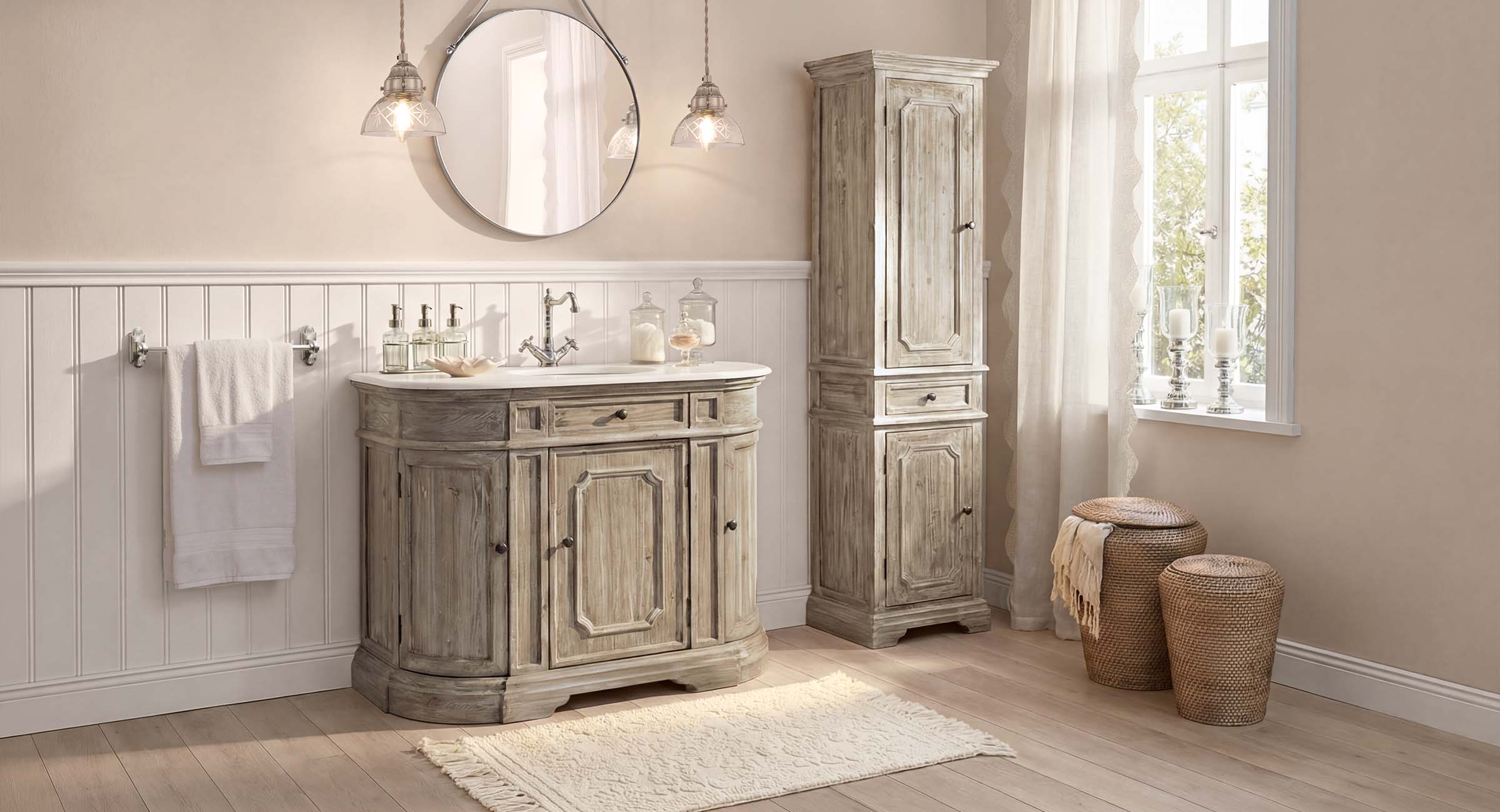 Meuble de salle de bain et armoire haute en bois vieilli couleur brun clair avec lavabo blanc dans un intérieur lumineux
